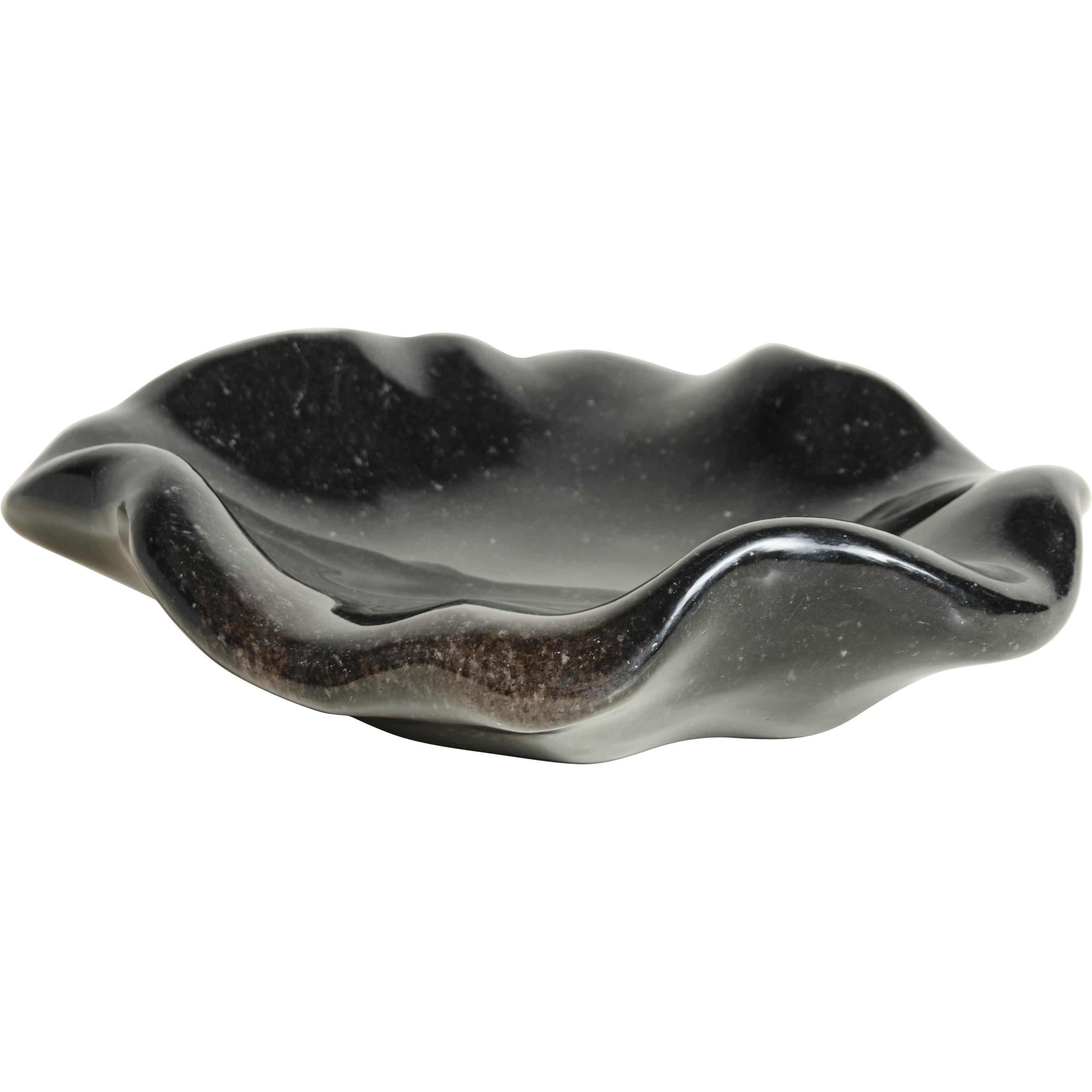 Shallow Lotus Bowl, Small, Black Crystal by Robert Kuo, Hand Carved For Sale