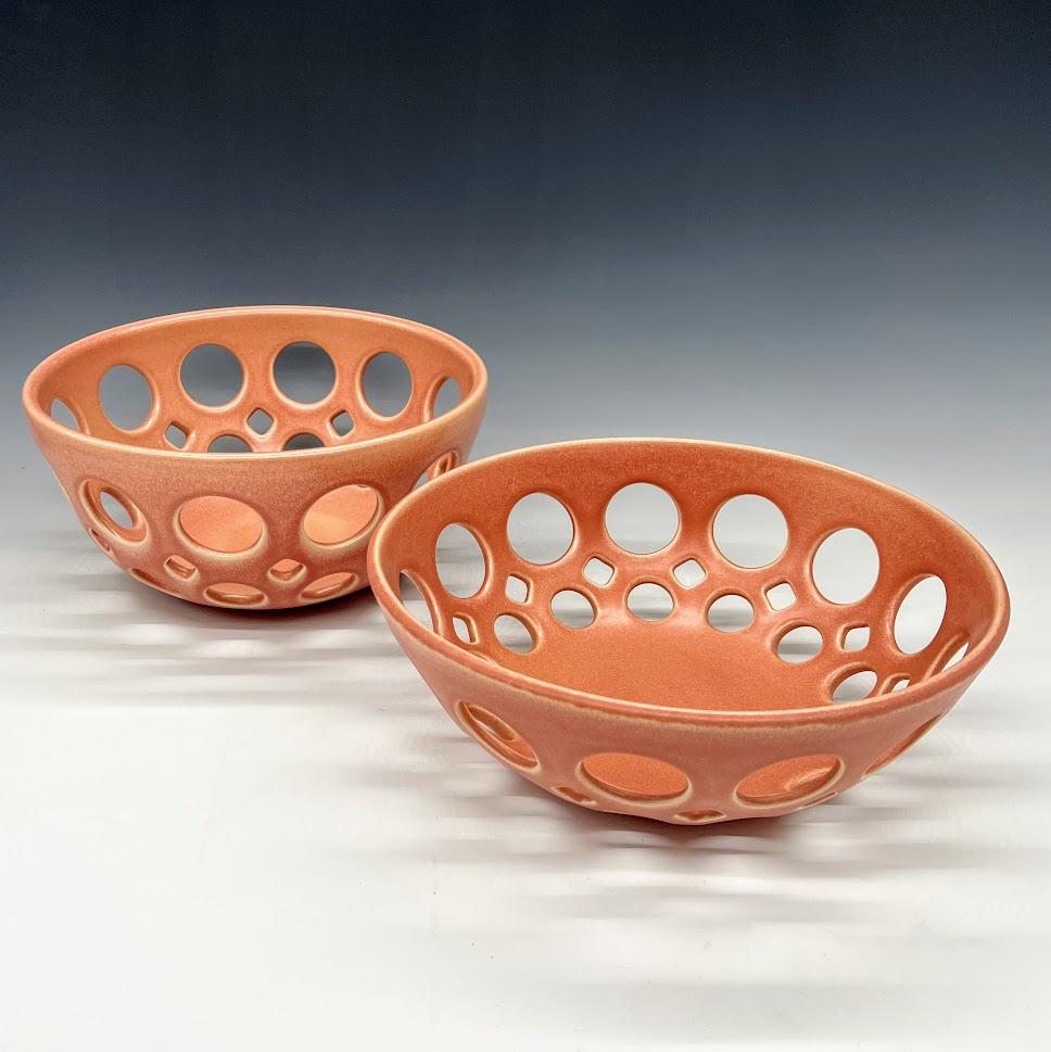 Mid-Century Modern Shallow Pink Pierced Ceramic Tabletop Bowl, in Stock For Sale