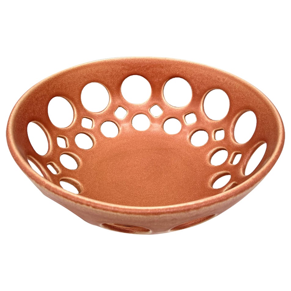 Shallow Pink Pierced Ceramic Tabletop Bowl, in Stock For Sale