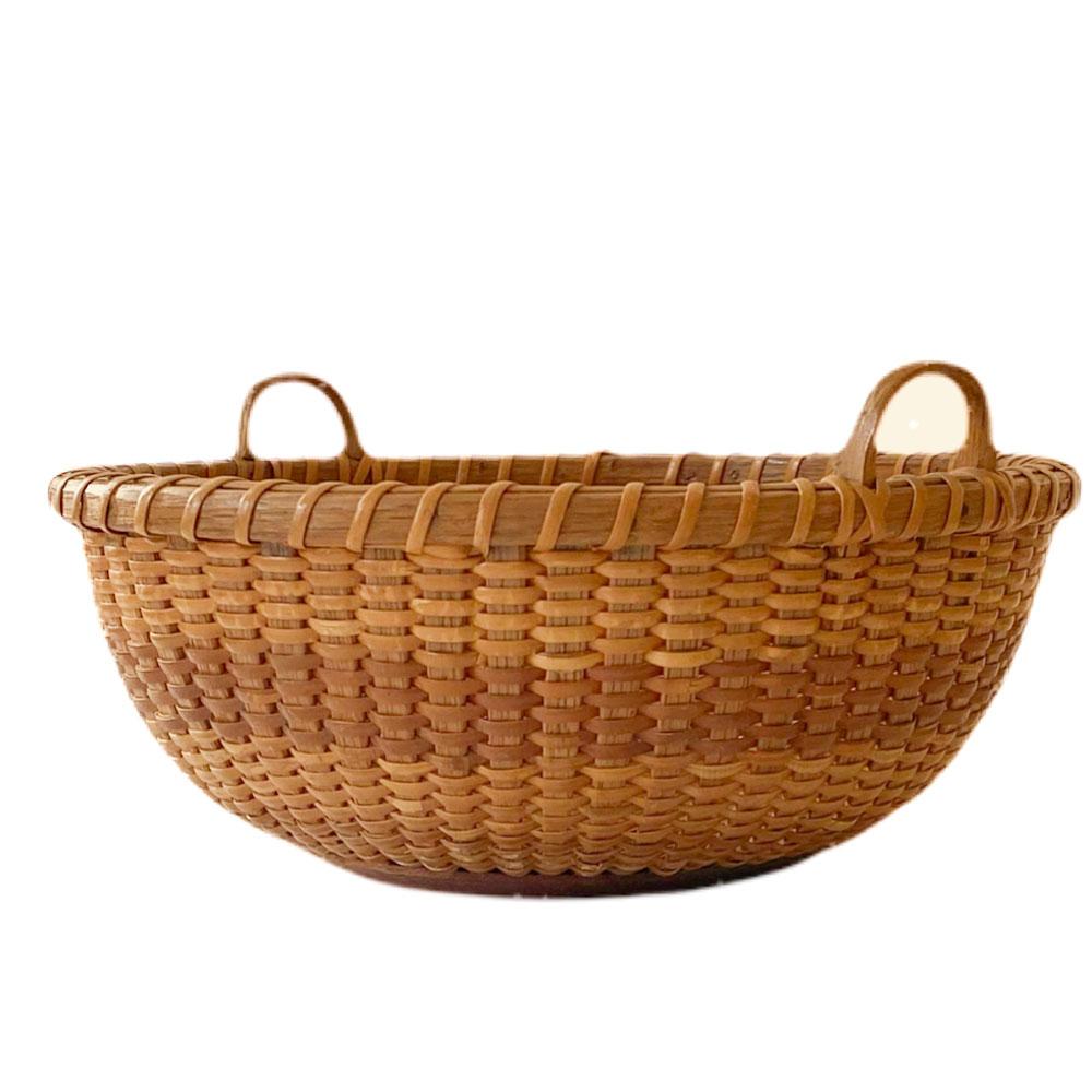 Folk Art Shallow Round Nantucket Lightship Sewing Basket with Original Label