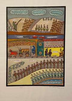 Arte popolare israeliana Ebraico Naive Judaica Bibbia Esodo Litografia Shalom di Safed