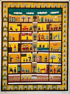 Large Israeli Folk Art Hebrew Naive Judaica Lithograph Shabbat Aishes Chayil Ode