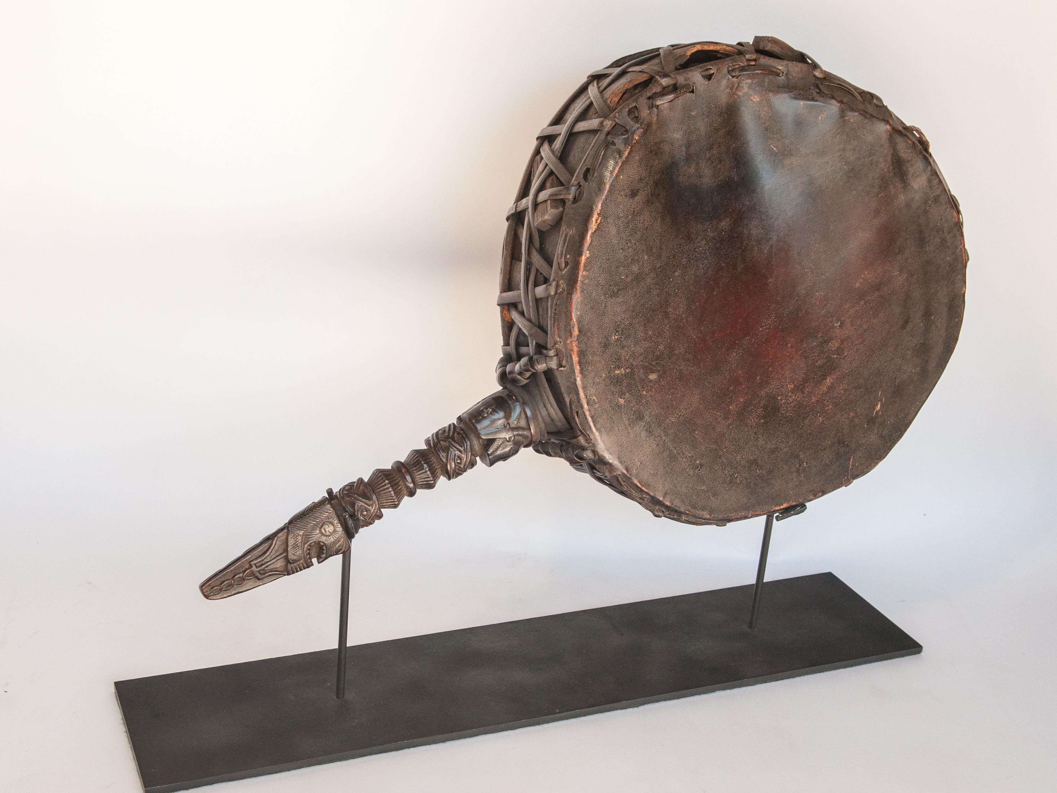 Shaman Drum, Carved Wooden Handle, Nepal Himalaya, Mid-20th Century, on Stand 11