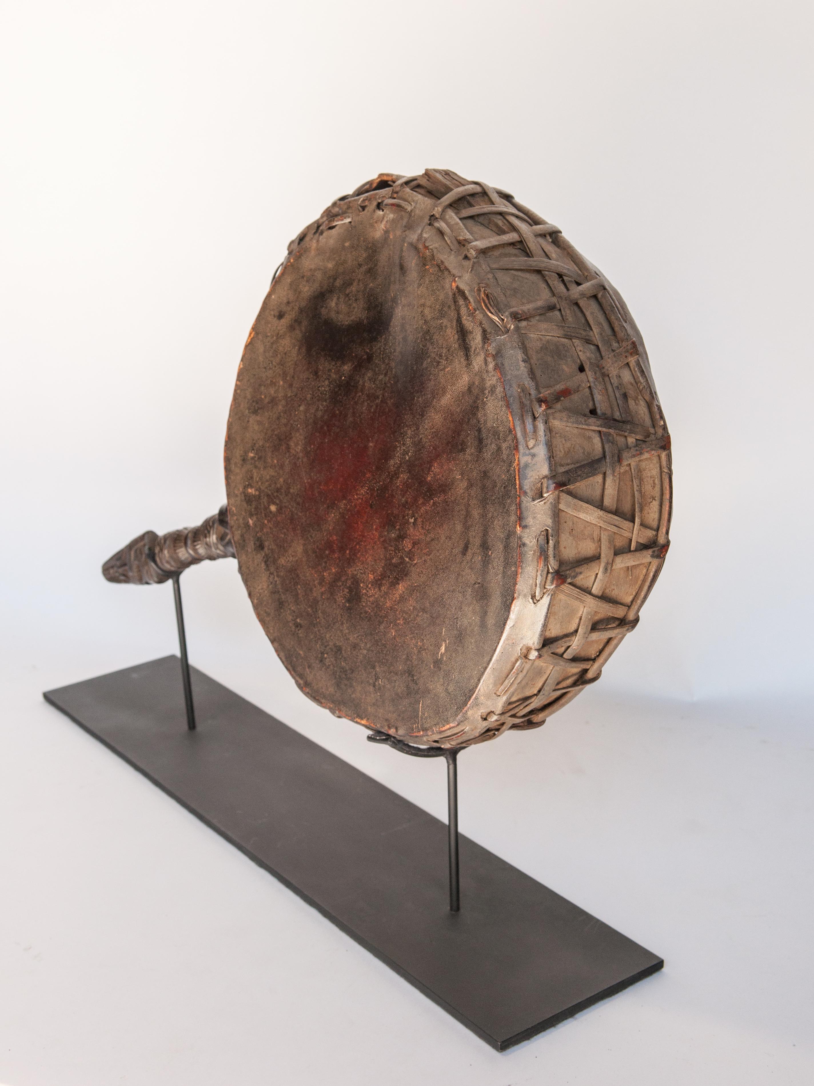 Shaman Drum, Carved Wooden Handle, Nepal Himalaya, Mid-20th Century, on Stand 12