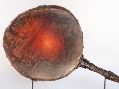 Shaman Drum, Carved Wooden Handle, Nepal Himalaya, Mid-20th Century, on Stand