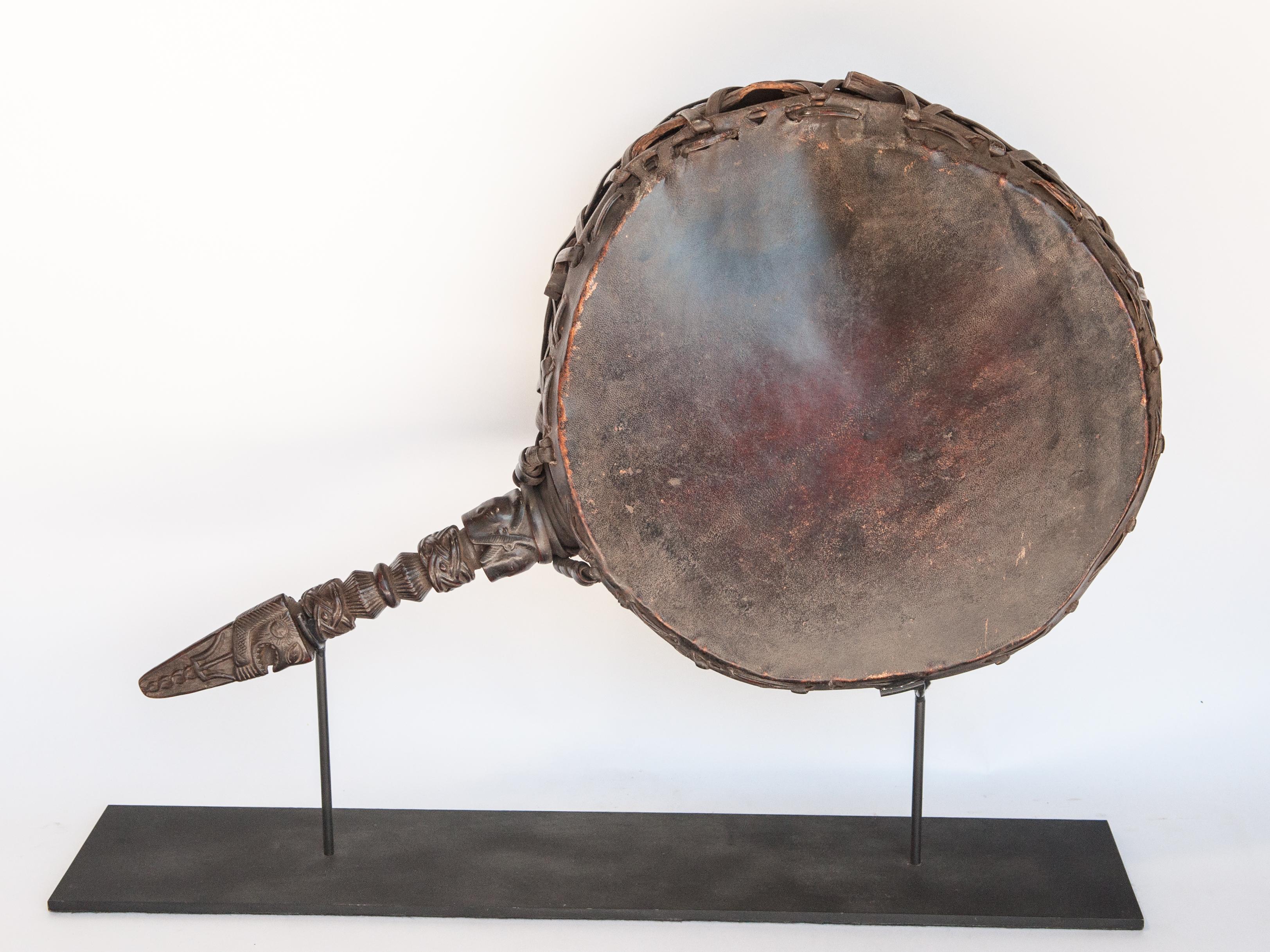 Tribal Shaman Drum, Carved Wooden Handle, Nepal Himalaya, Mid-20th Century, on Stand