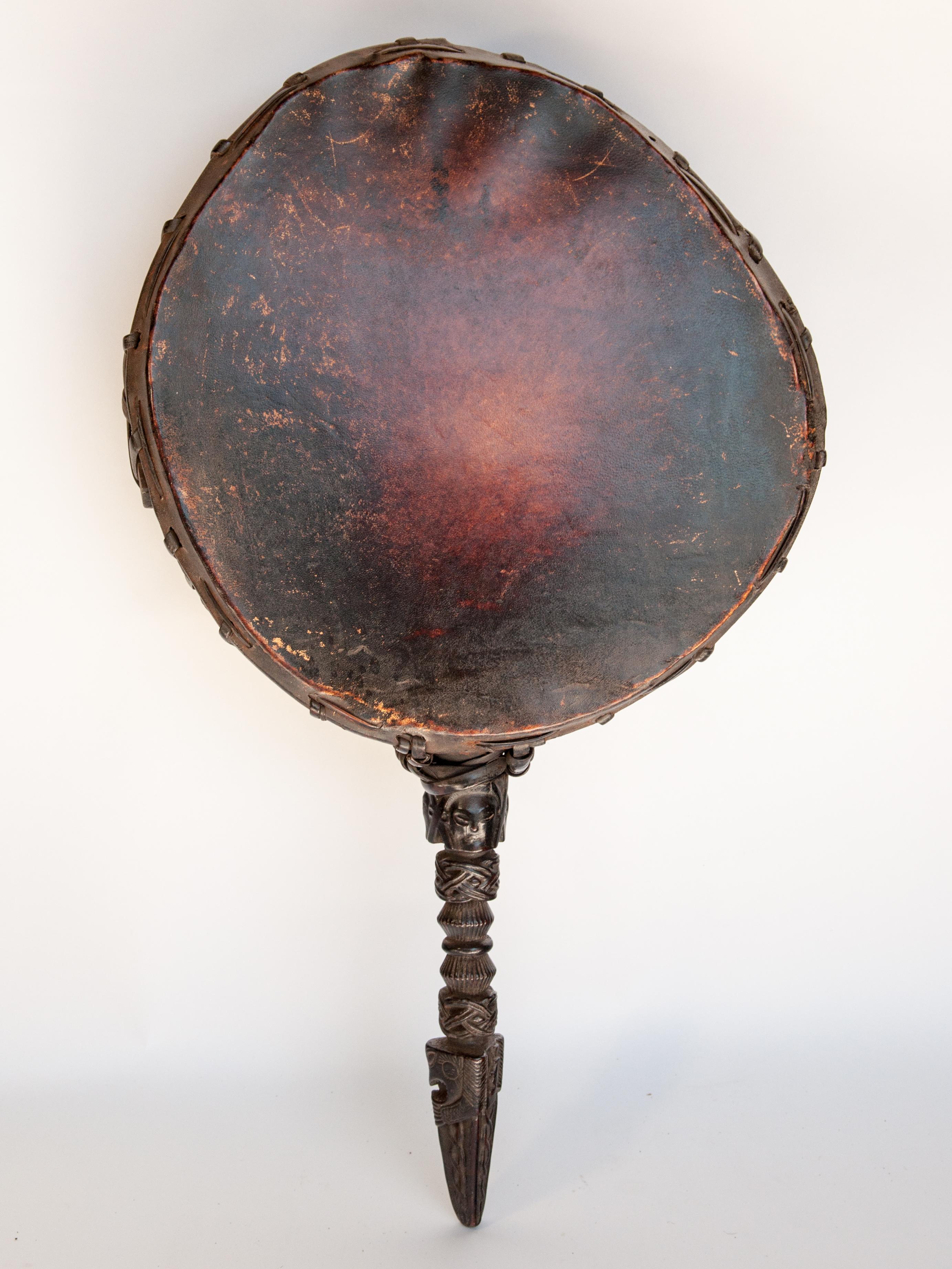 Shaman Drum, Carved Wooden Handle, Nepal Himalaya, Mid-20th Century, on Stand In Fair Condition In Point Richmond, CA