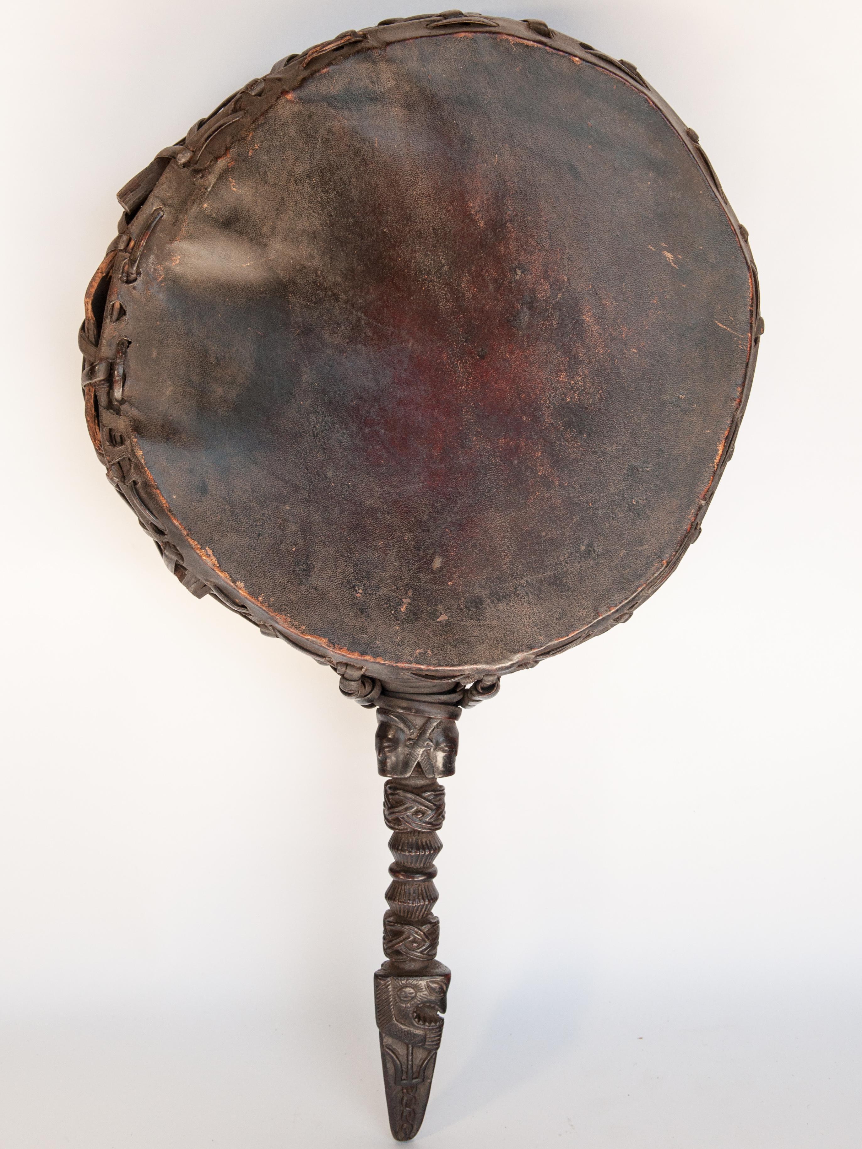 Hide Shaman Drum, Carved Wooden Handle, Nepal Himalaya, Mid-20th Century, on Stand