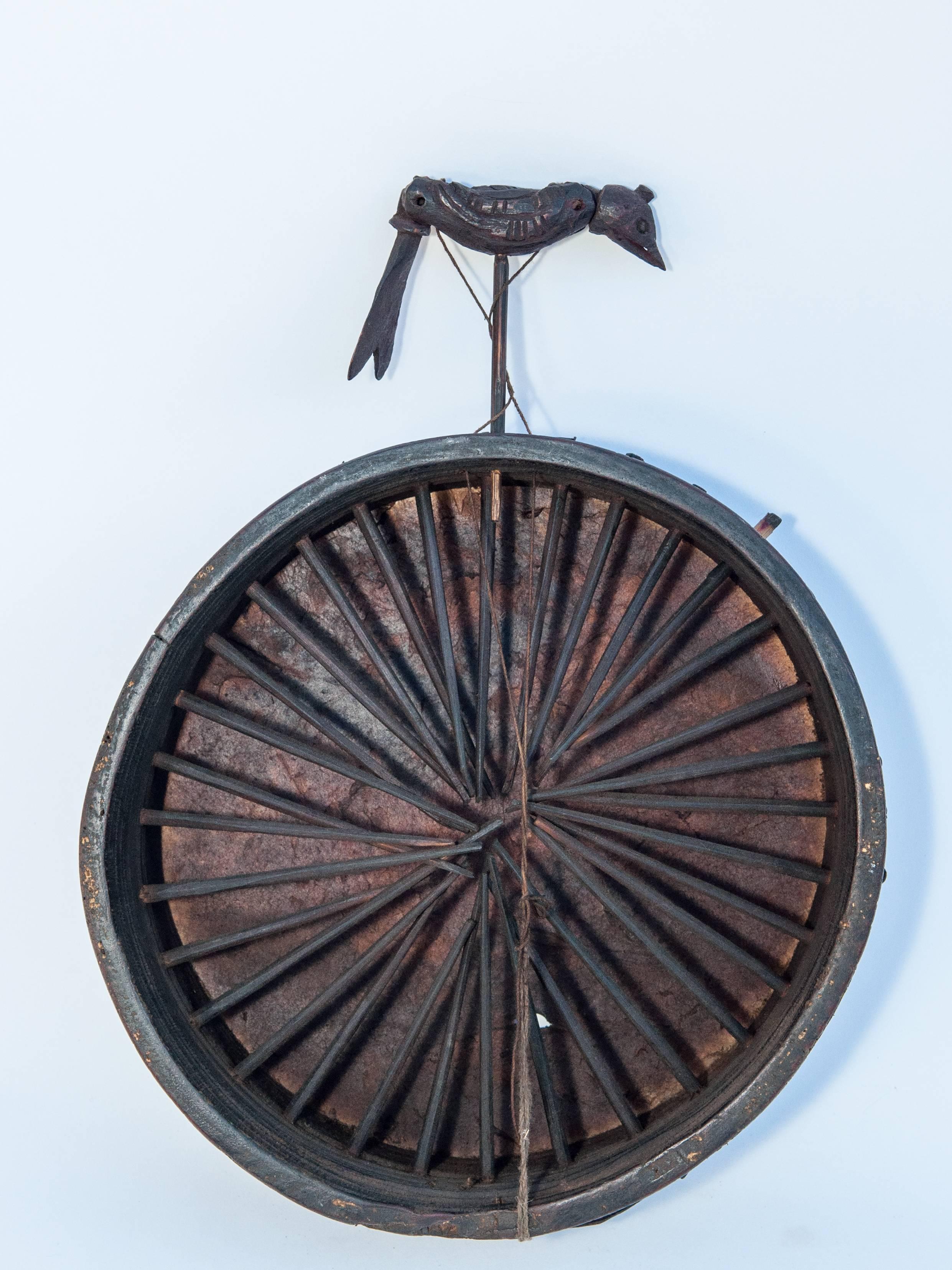 Nepalese Shaman Drum with Carved Bird from Nepal, Mid-20th Century