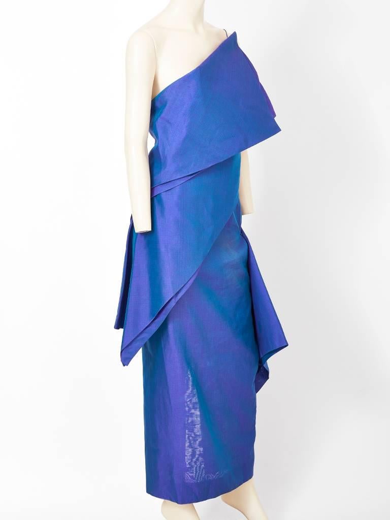 Bleu Shamask - Robe asymétrique, années 1980 en vente