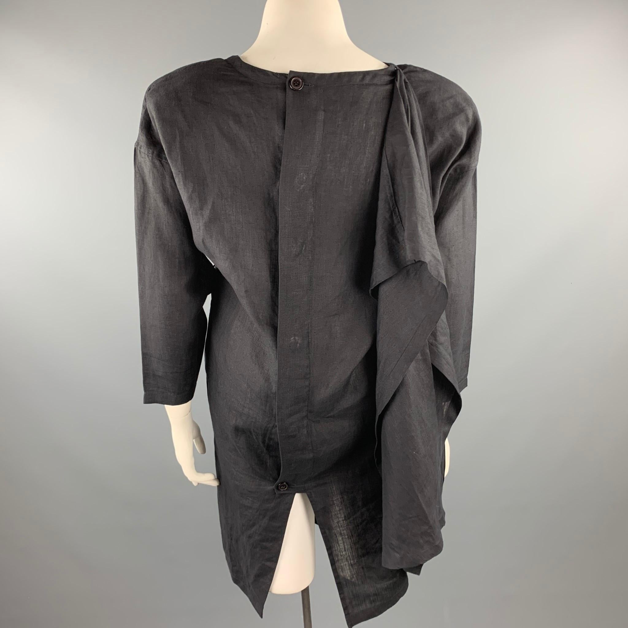 SHAMASK Size L Black Linen Long Panel V-Neck Dress In Good Condition In San Francisco, CA