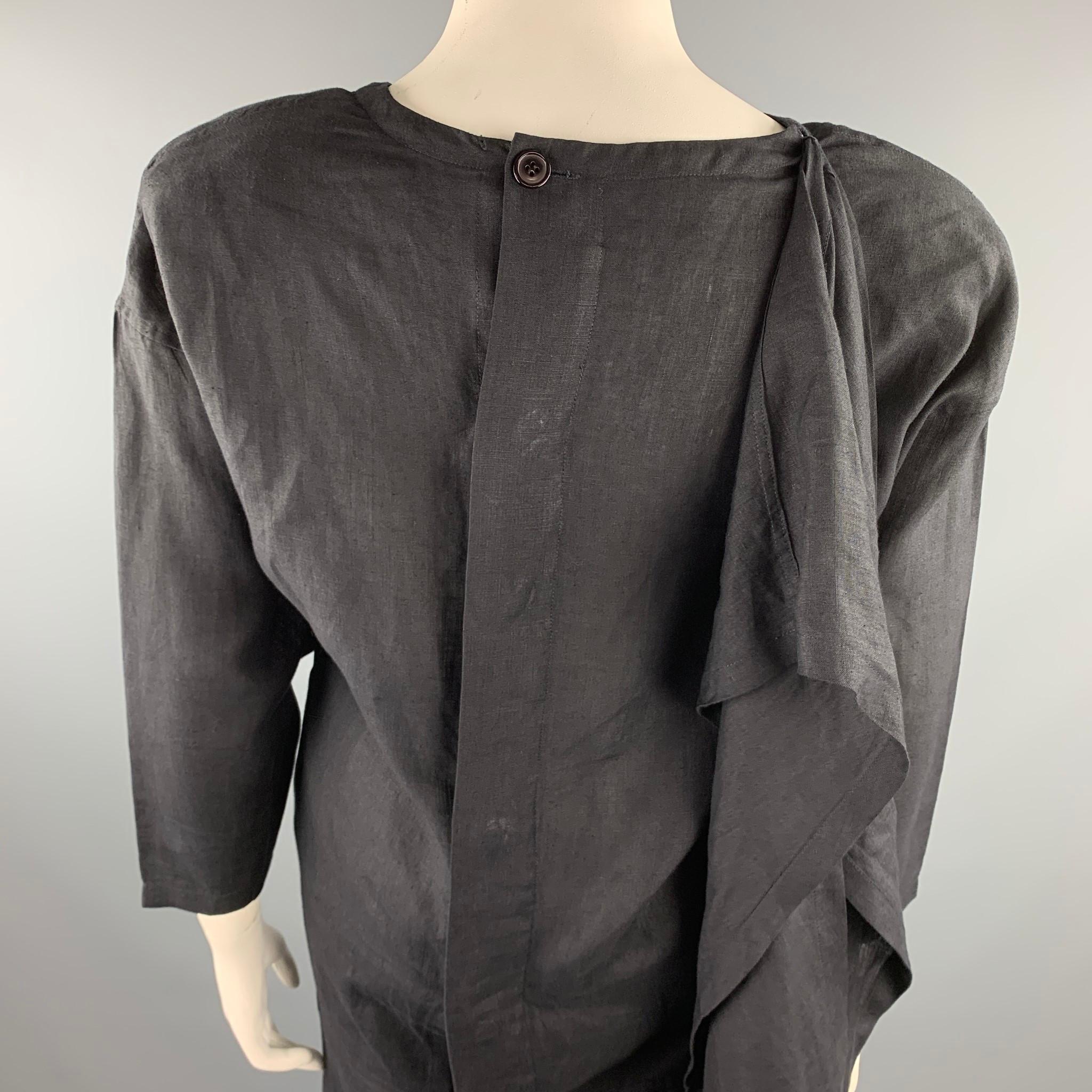 Women's SHAMASK Size L Black Linen Long Panel V-Neck Dress