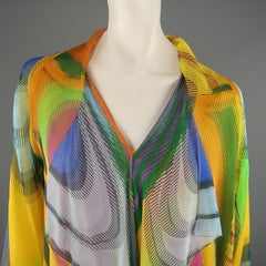 SHAMASK Size L Yellow Multi-Color Print Silk Draped Collar Blouse