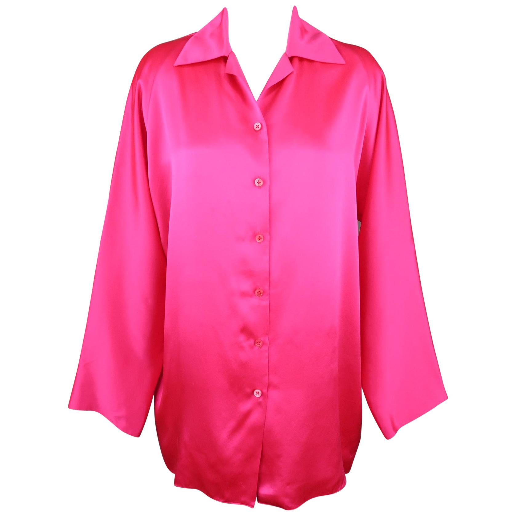 SHAMASK Size S Fuchsia Pink Silk Oversized Collared Blouse