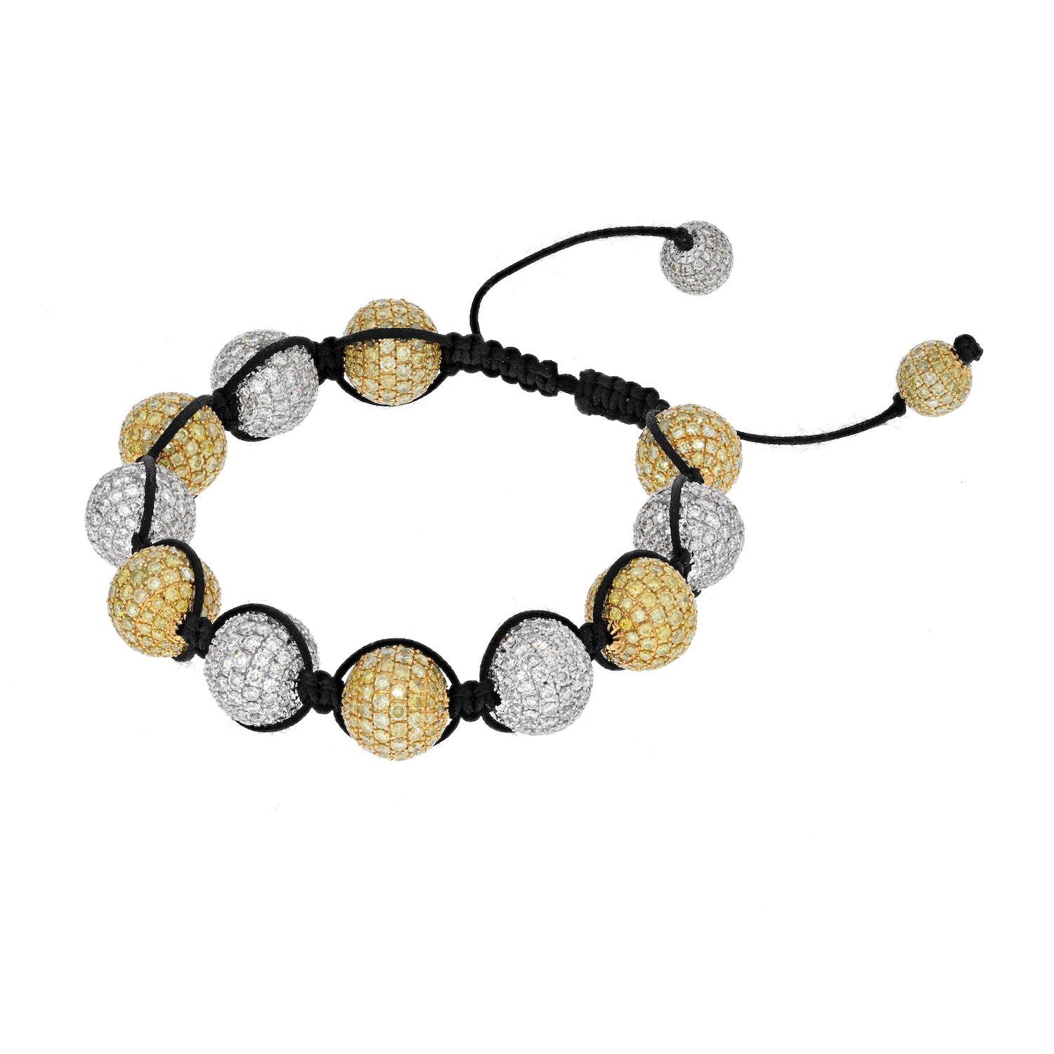 Shamballa Armband aus 18 Karat Weißgold mit weißen und gelben Diamanten (Rundschliff) im Angebot