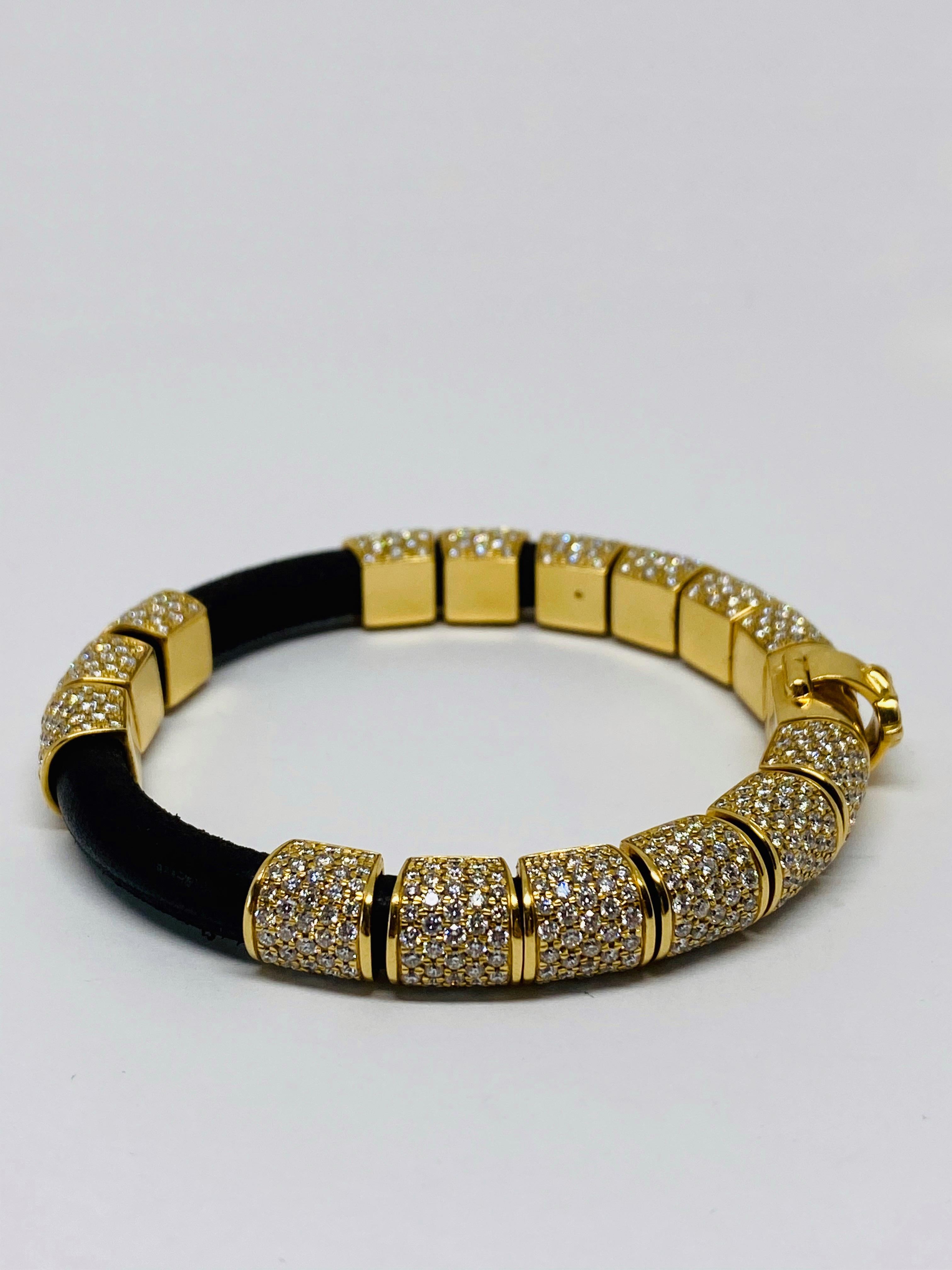 Women's or Men's Shamballa Jewels 12ct Diamond 18K Yellow Gold and Leather Bracelet 