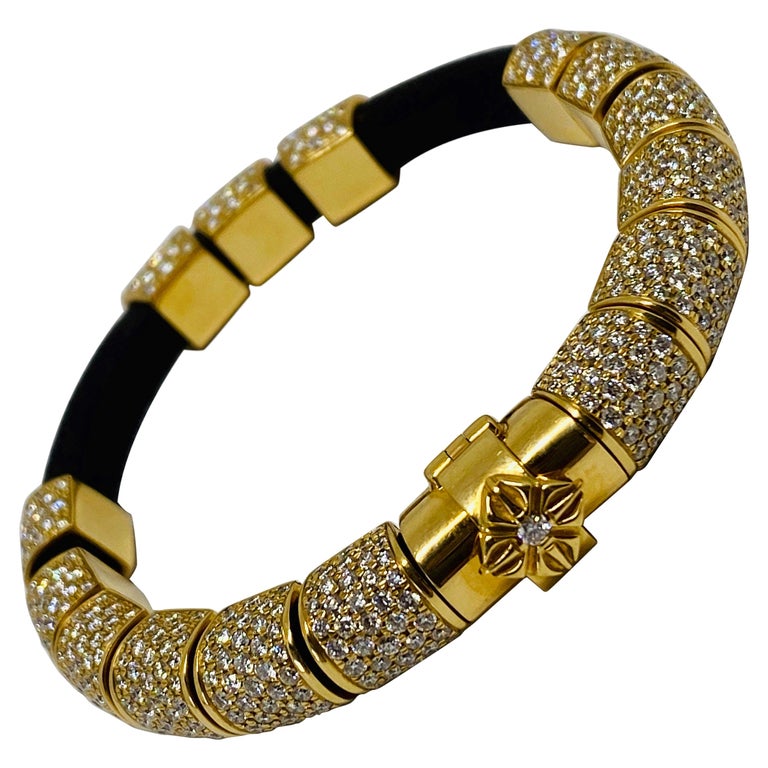 Shamballa Jewels 12ct Diamond 18K Yellow Gold and Leather Bracelet For Sale at 1stdibs