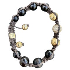 Shamballa Jewels Bracelet Ebony Wood 18k Yellow Gold Diamonds 6.5-8" 22.7g