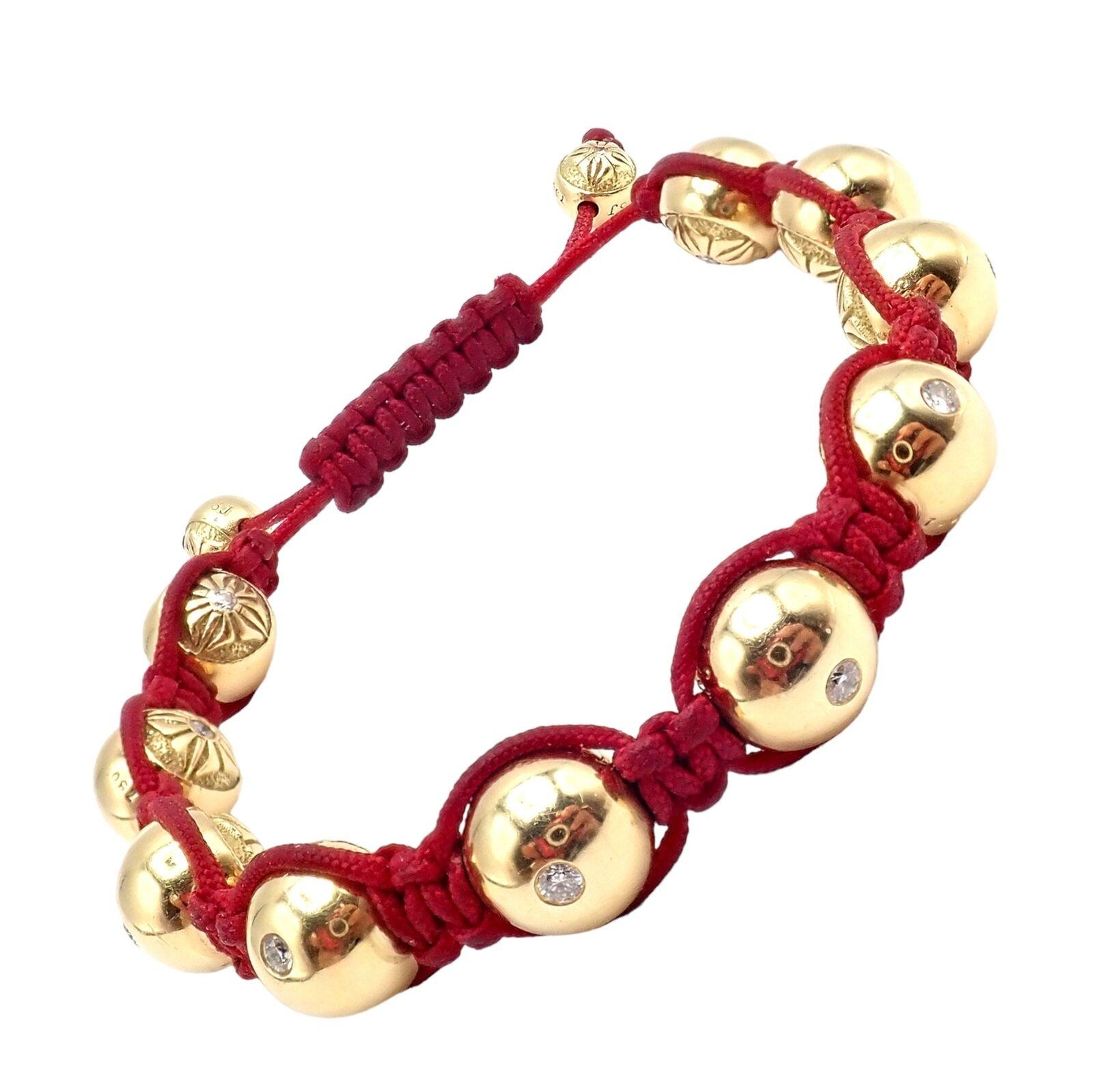 Brilliant Cut Shamballa Jewels Yellow Gold Bead Diamond Lucky Red Cord Macrame Bracelet For Sale