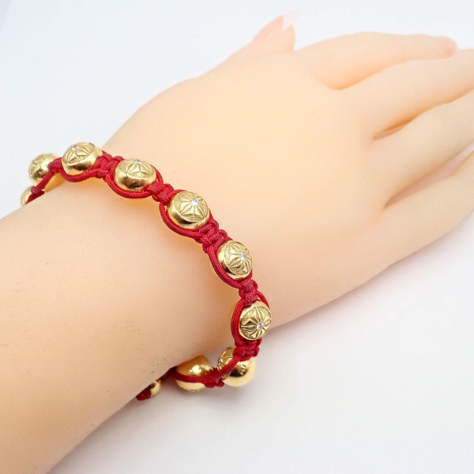 Shamballa Jewels Yellow Gold Bead Diamond Lucky Red Cord Macrame Bracelet In Excellent Condition For Sale In Holland, PA