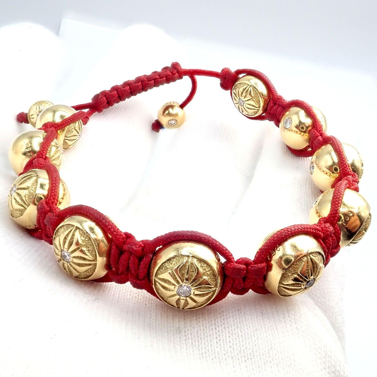 Women's or Men's Shamballa Jewels Yellow Gold Bead Diamond Lucky Red Cord Macrame Bracelet For Sale