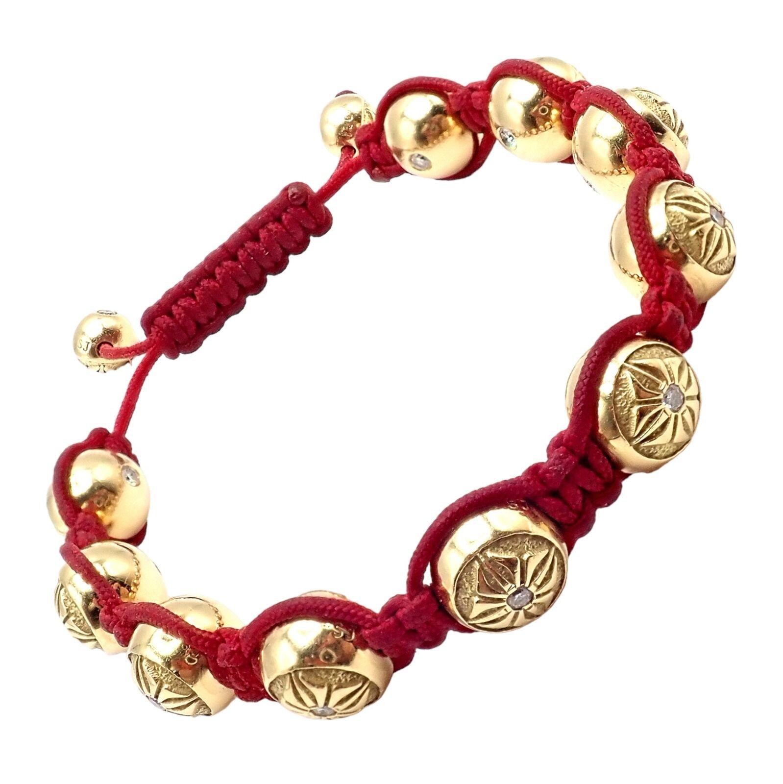 Shamballa Jewels Yellow Gold Bead Diamond Lucky Red Cord Macrame Bracelet For Sale 1