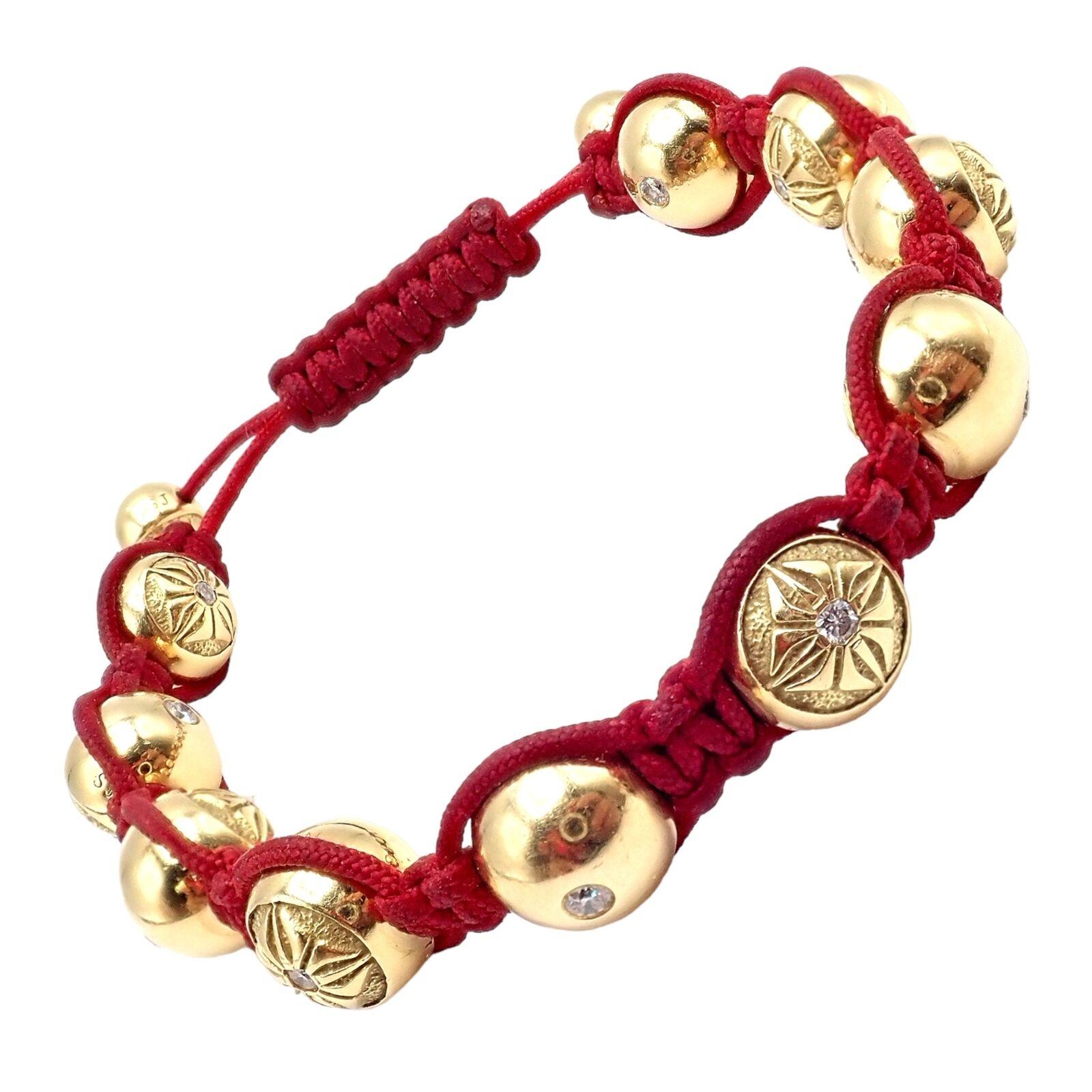 Shamballa Jewels Yellow Gold Bead Diamond Lucky Red Cord Macrame Bracelet For Sale 2