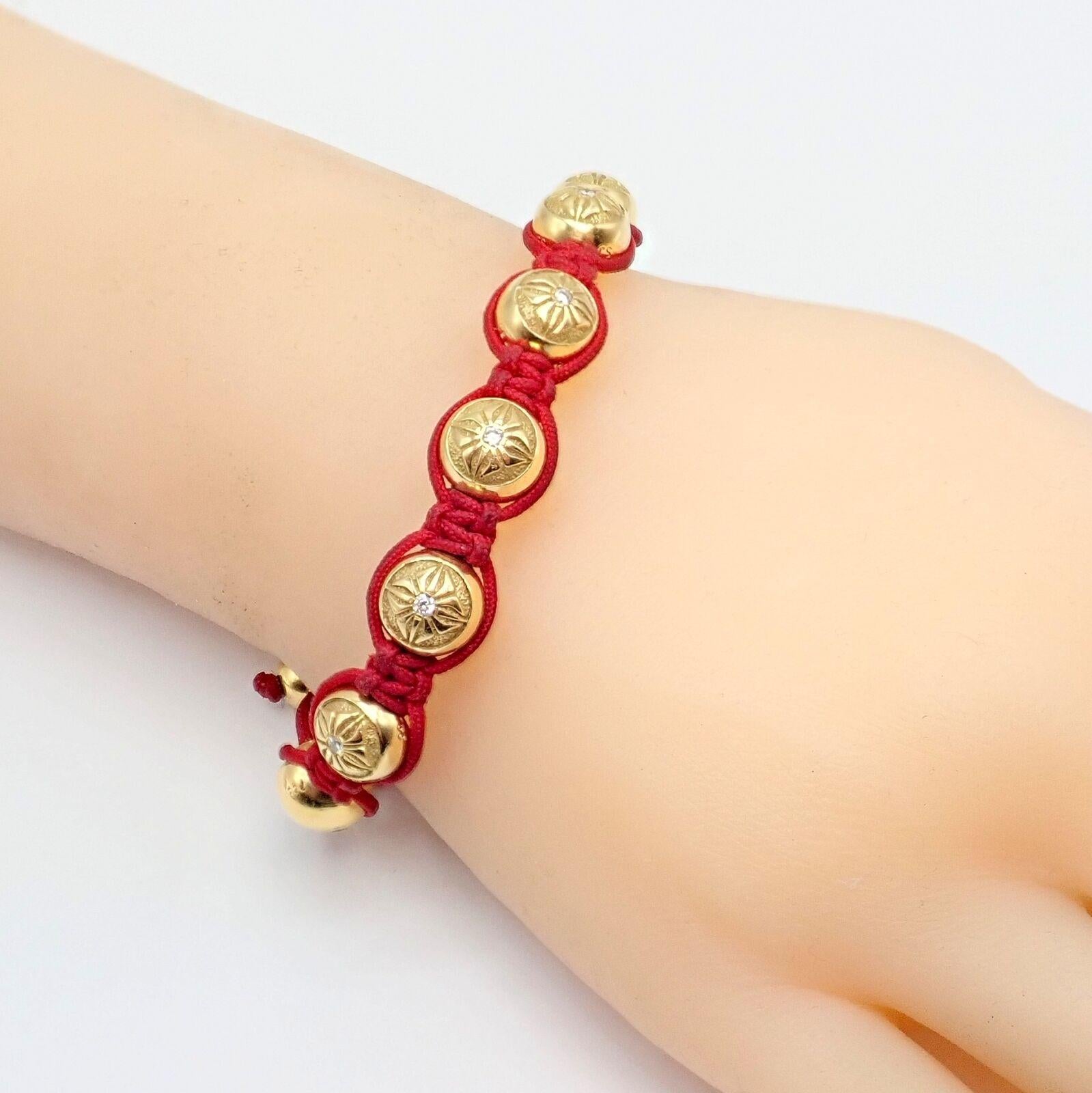 Shamballa Jewels Yellow Gold Bead Diamond Lucky Red Cord Macrame Bracelet For Sale 3