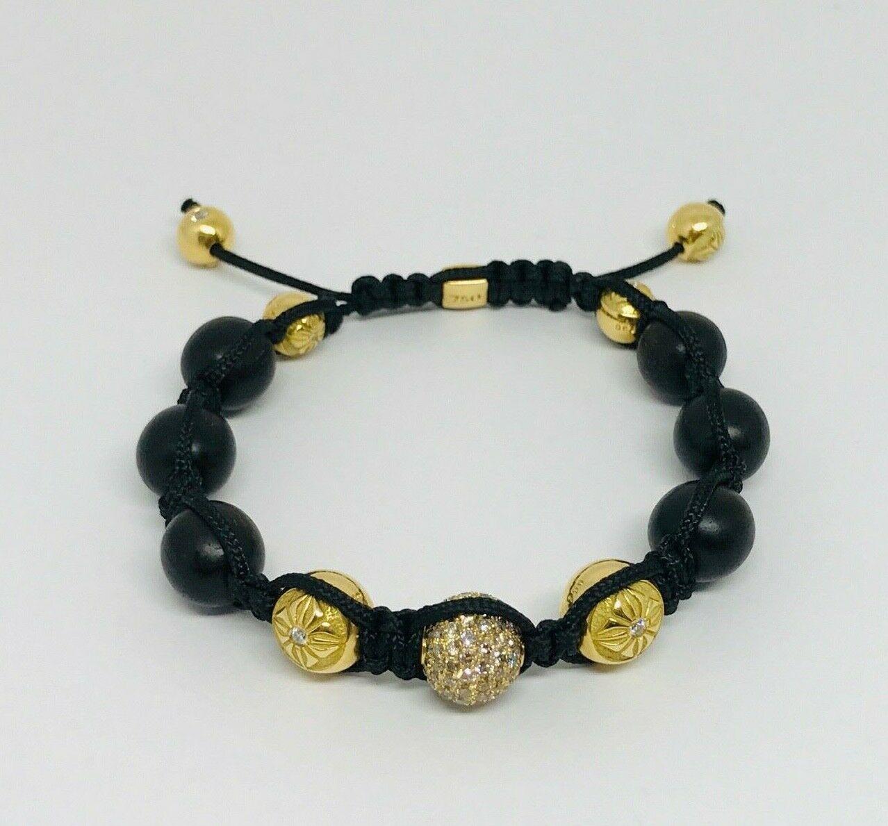 Shamballa Yellow Gold Diamond Black Wood Beads Braided Pair of Bracelets 6