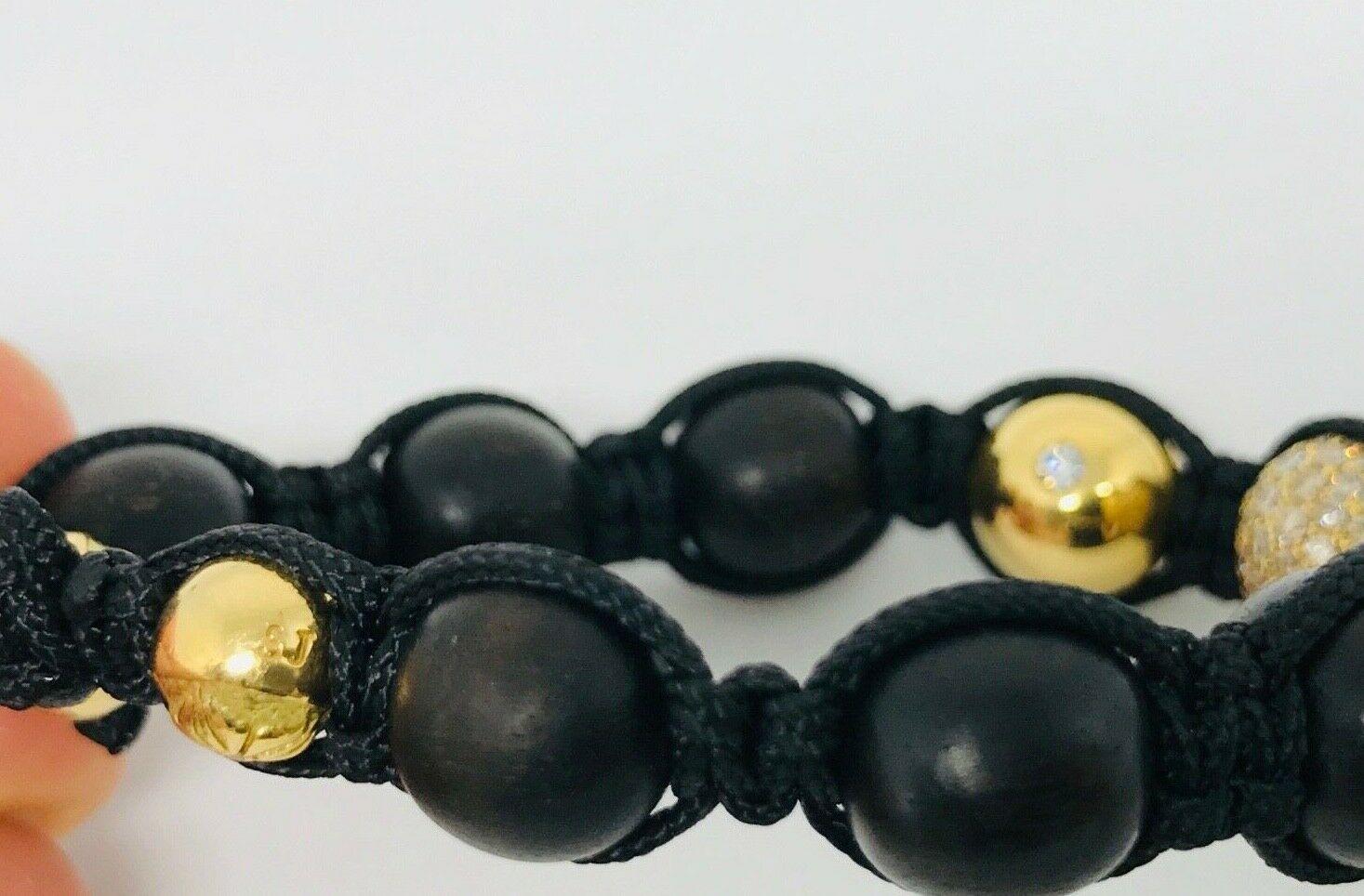 Shamballa Yellow Gold Diamond Black Wood Beads Braided Pair of Bracelets 8