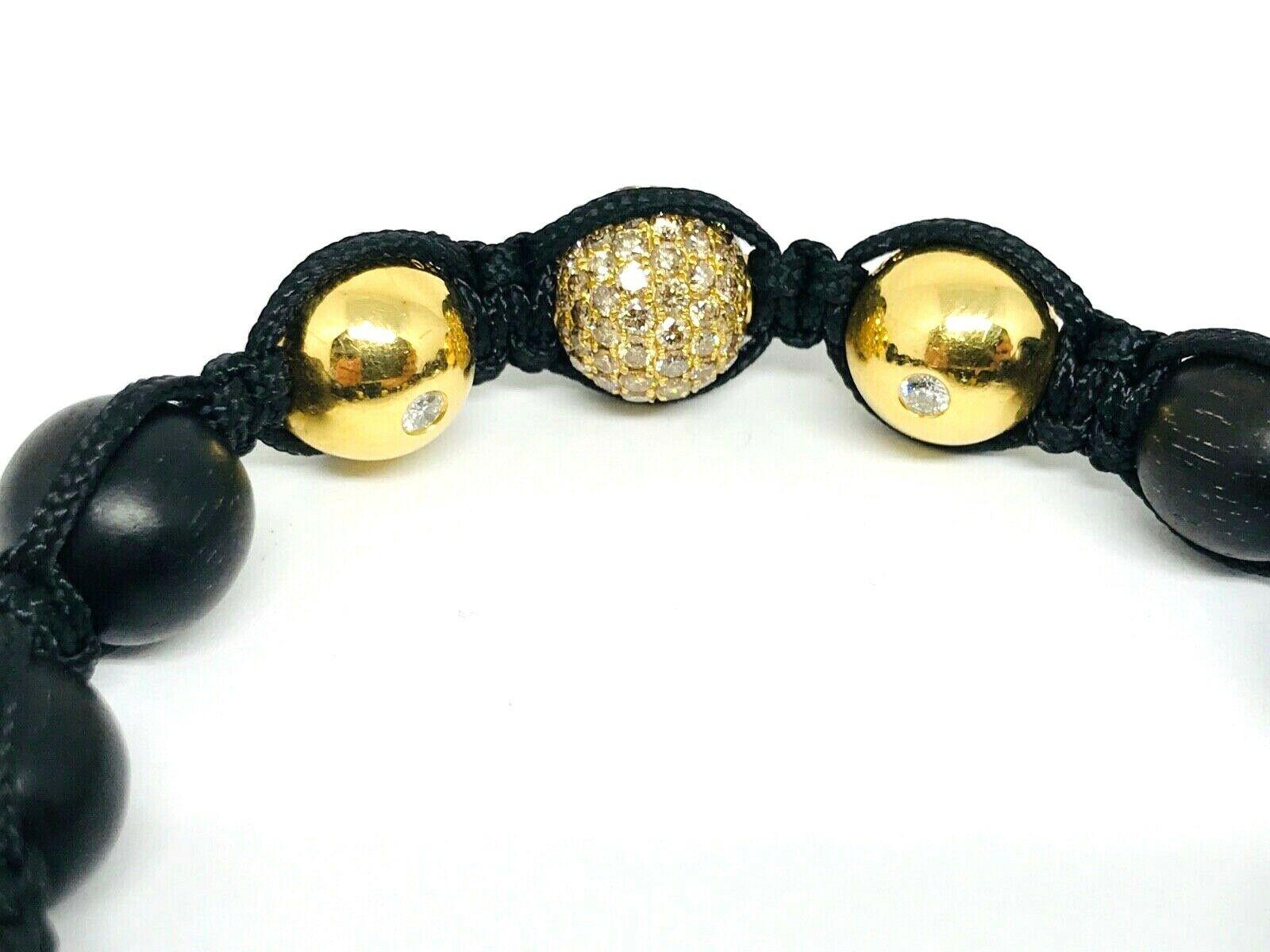 Shamballa Yellow Gold Diamond Black Wood Beads Braided Pair of Bracelets 11