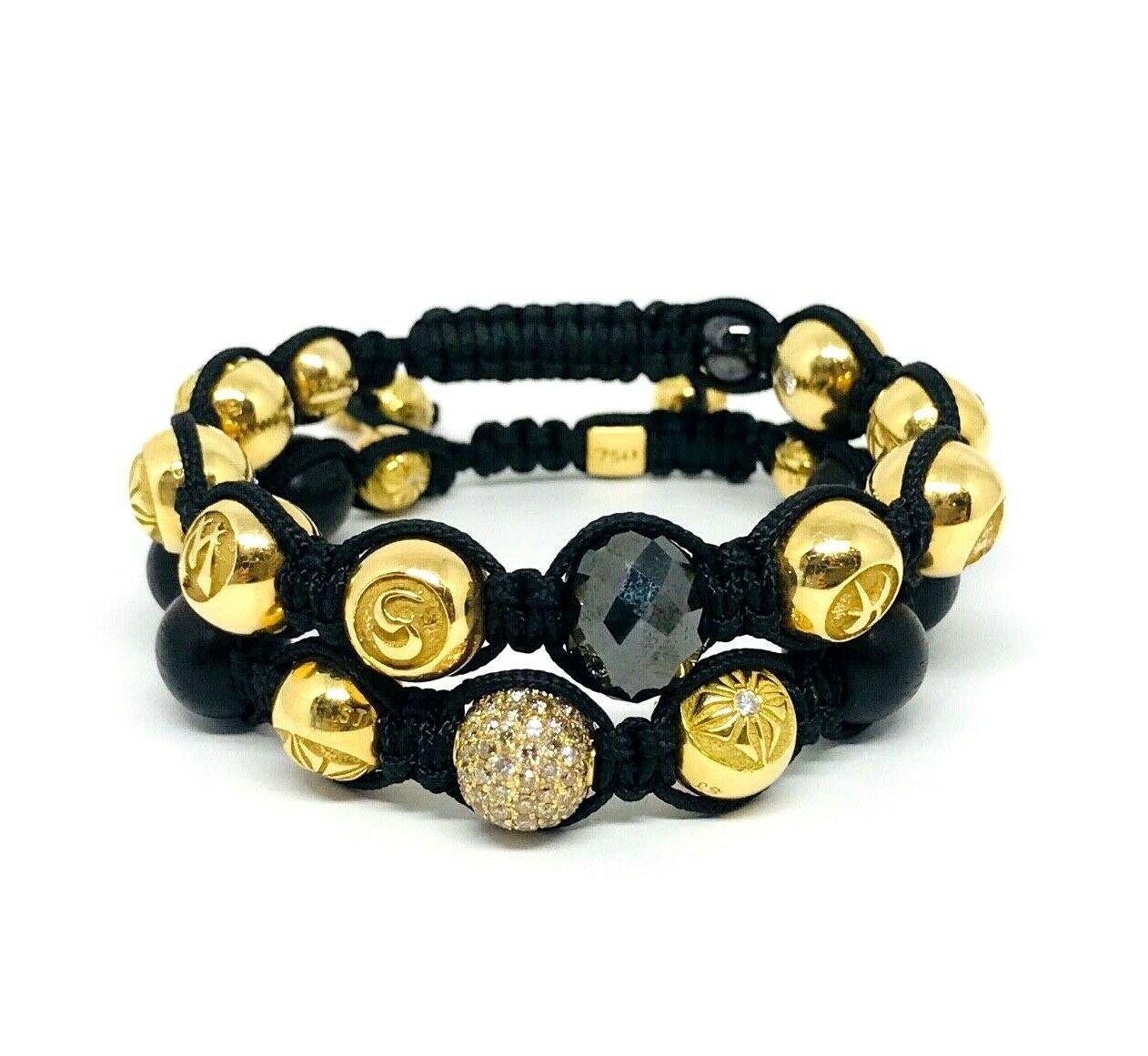 Shamballa Yellow Gold Diamond Black Wood Beads Braided Pair of Bracelets 12