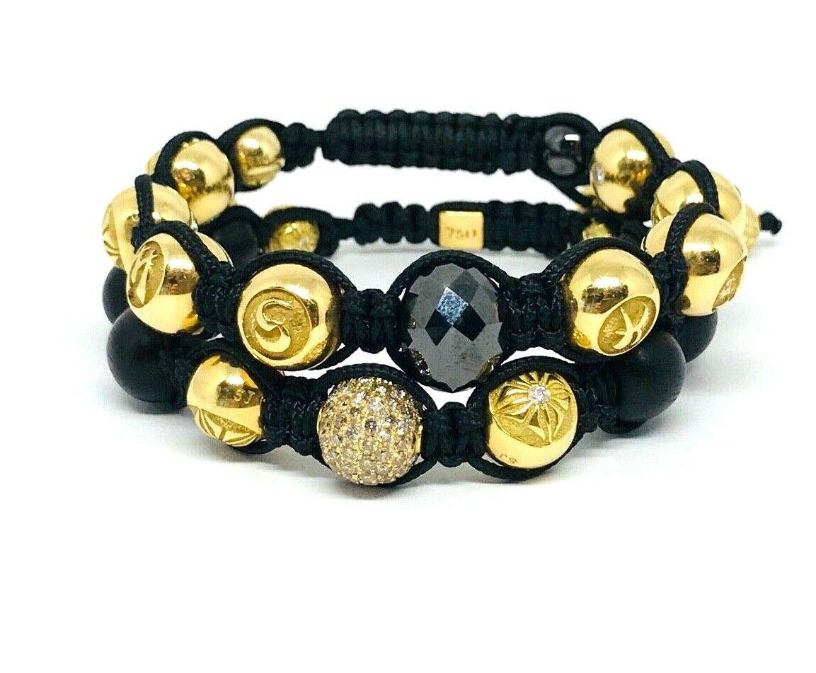 Shamballa Yellow Gold Diamond Black Wood Beads Braided Pair of Bracelets In Excellent Condition In Beverly Hills, CA