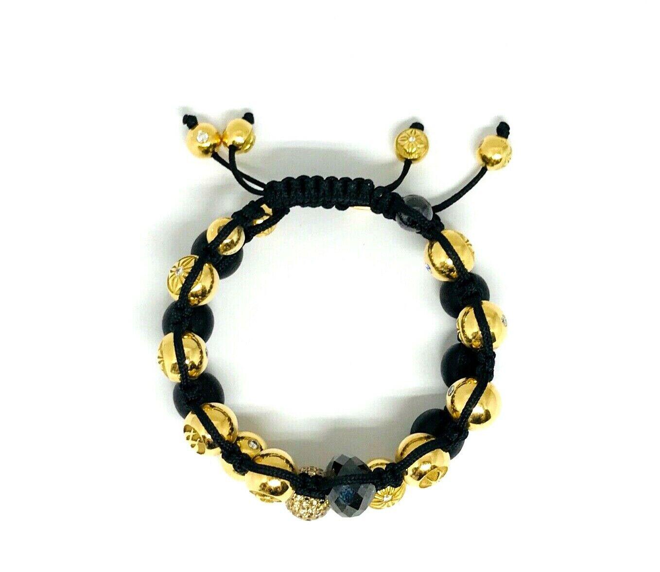 Women's or Men's Shamballa Yellow Gold Diamond Black Wood Beads Braided Pair of Bracelets