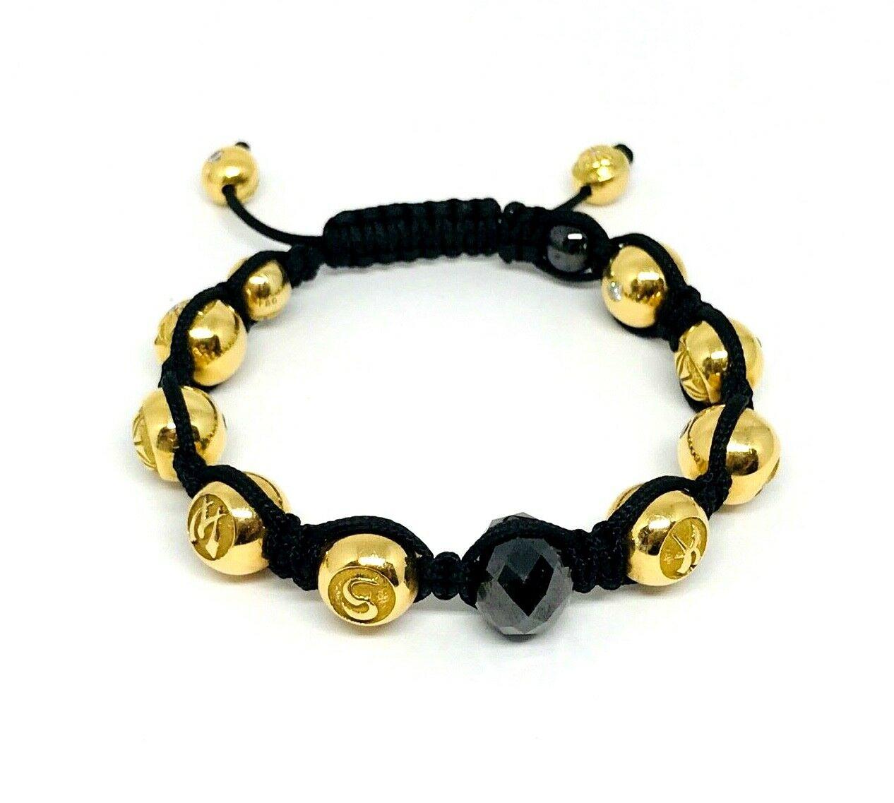 Shamballa Yellow Gold Diamond Black Wood Beads Braided Pair of Bracelets 1