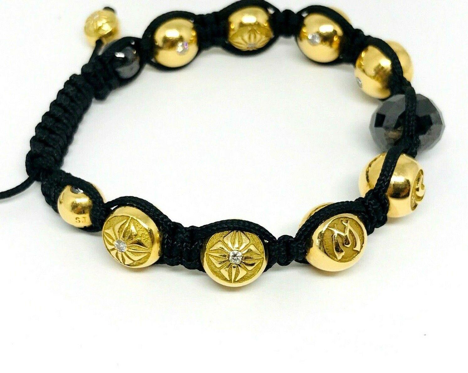 Shamballa Yellow Gold Diamond Black Wood Beads Braided Pair of Bracelets 2