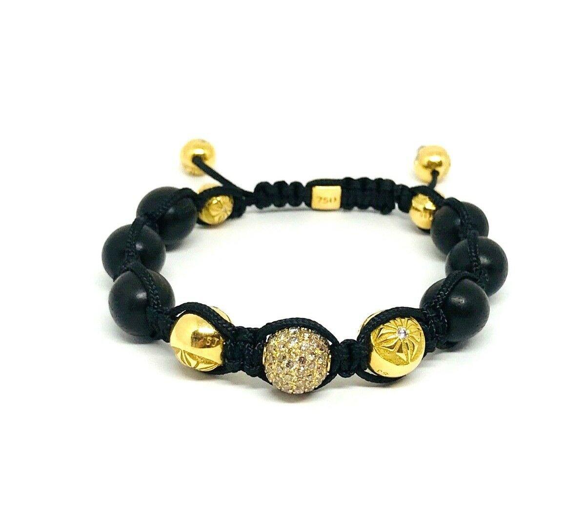 Shamballa Yellow Gold Diamond Black Wood Beads Braided Pair of Bracelets 3