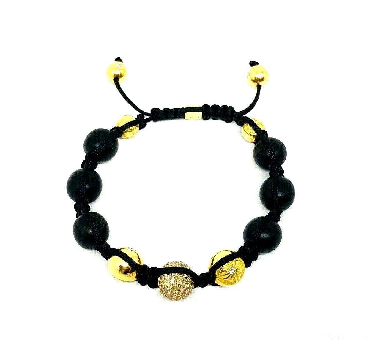 Shamballa Yellow Gold Diamond Black Wood Beads Braided Pair of Bracelets 4