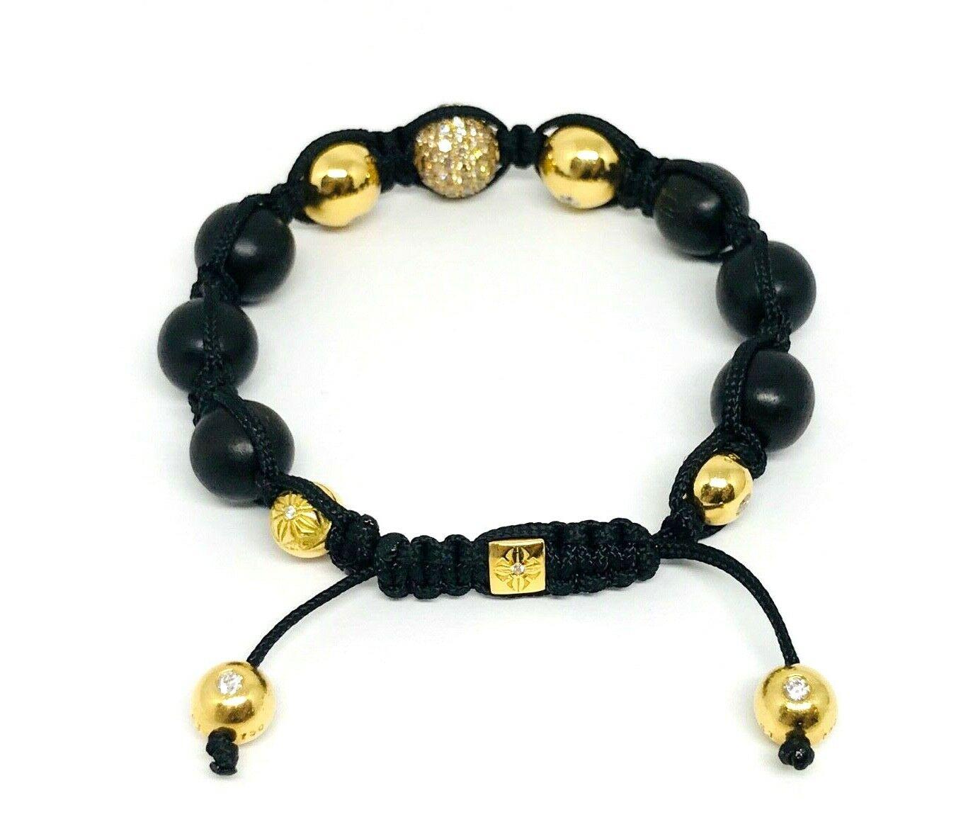 Shamballa Yellow Gold Diamond Black Wood Beads Braided Pair of Bracelets 5