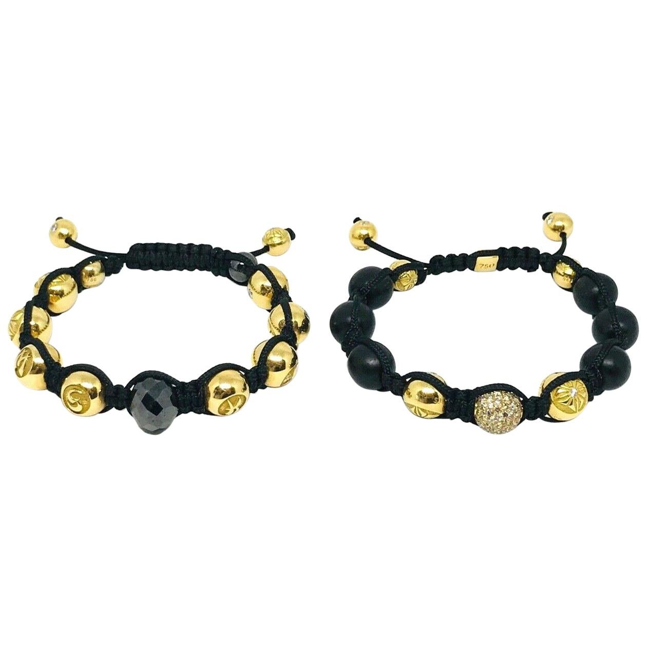 Shamballa Yellow Gold Diamond Black Wood Beads Braided Pair of Bracelets