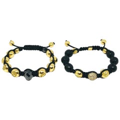 Shamballa Yellow Gold Diamond Black Wood Beads Braided Pair of Bracelets