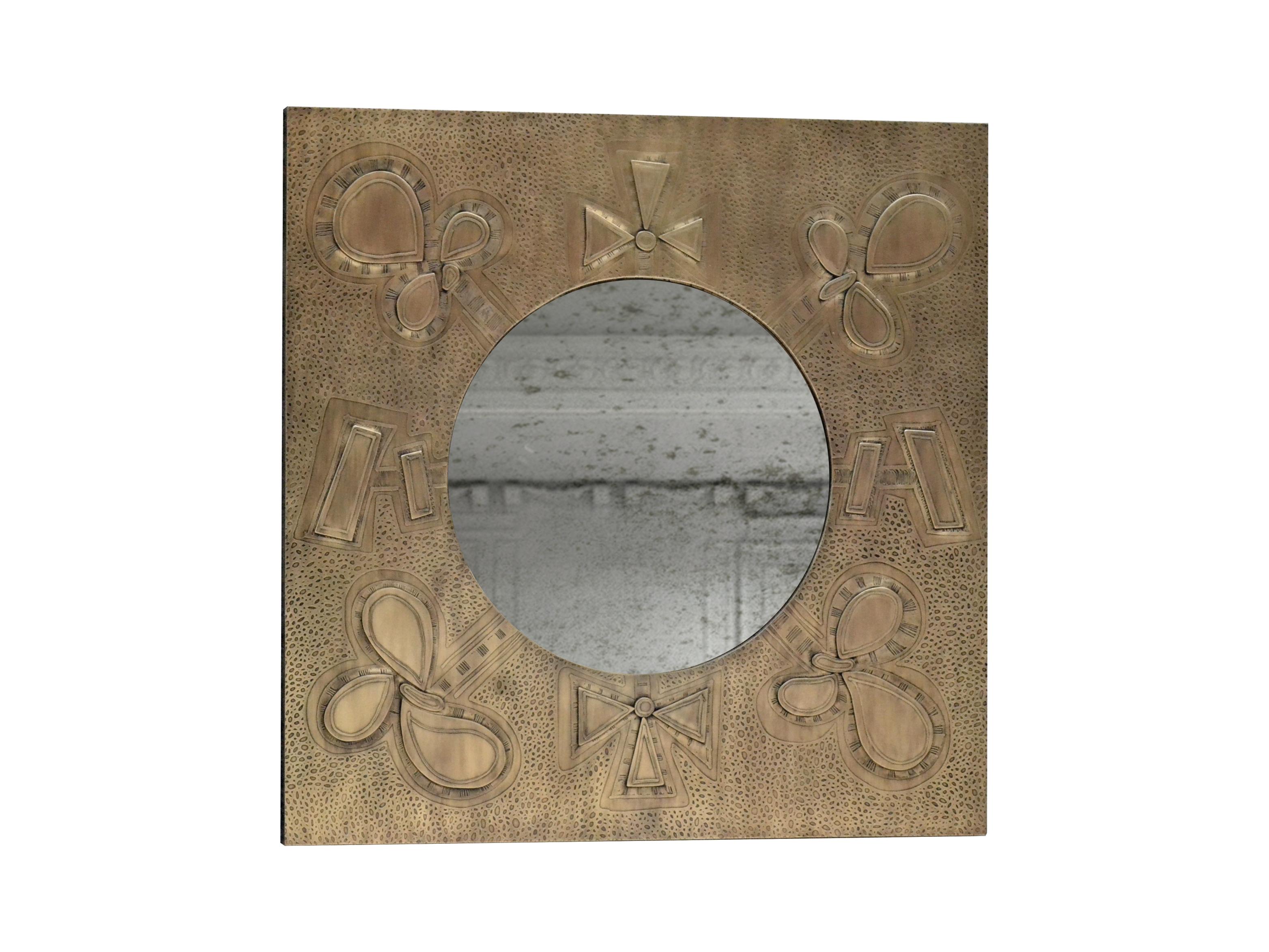 Unique square wall mirror by Studio Belgali, handmade acid etched brass with hand drawn pattern combined with antique mirror. 

Stunning piece of art. Custom made is possible.