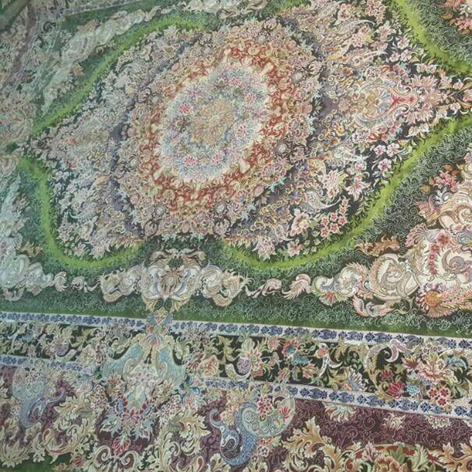 Hand-Crafted Shams Green, Master Novinfar Hand-Knotted Persian Tabriz Rug/Carpet For Sale