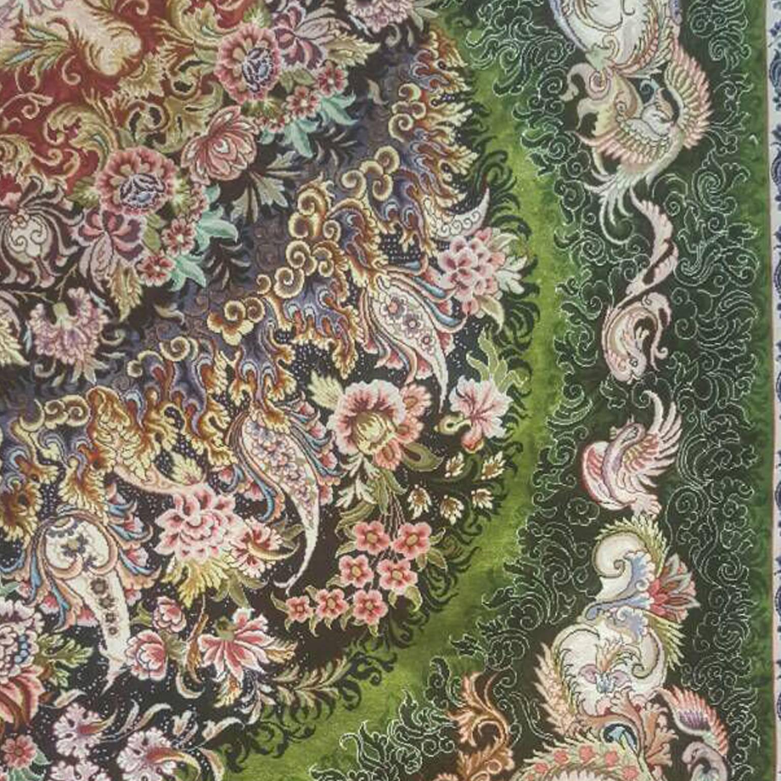 Shams Green, Master Novinfar Hand-Knotted Persian Tabriz Rug/Carpet In Excellent Condition For Sale In Cremorne, AU