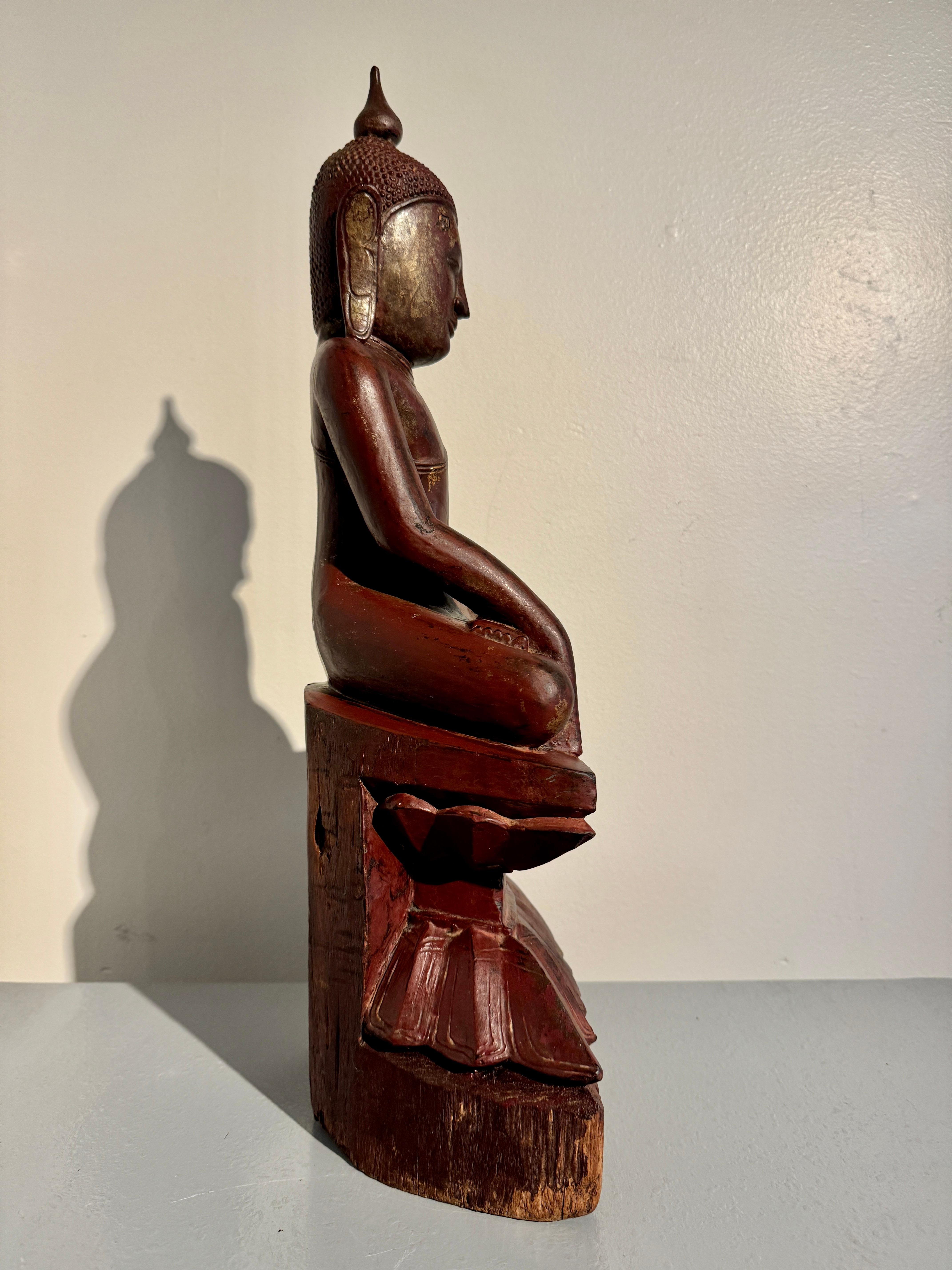 Hand-Carved Shan Burmese Carved, Lacquered, Gilt Wood Buddha, 18th Century, Burma For Sale