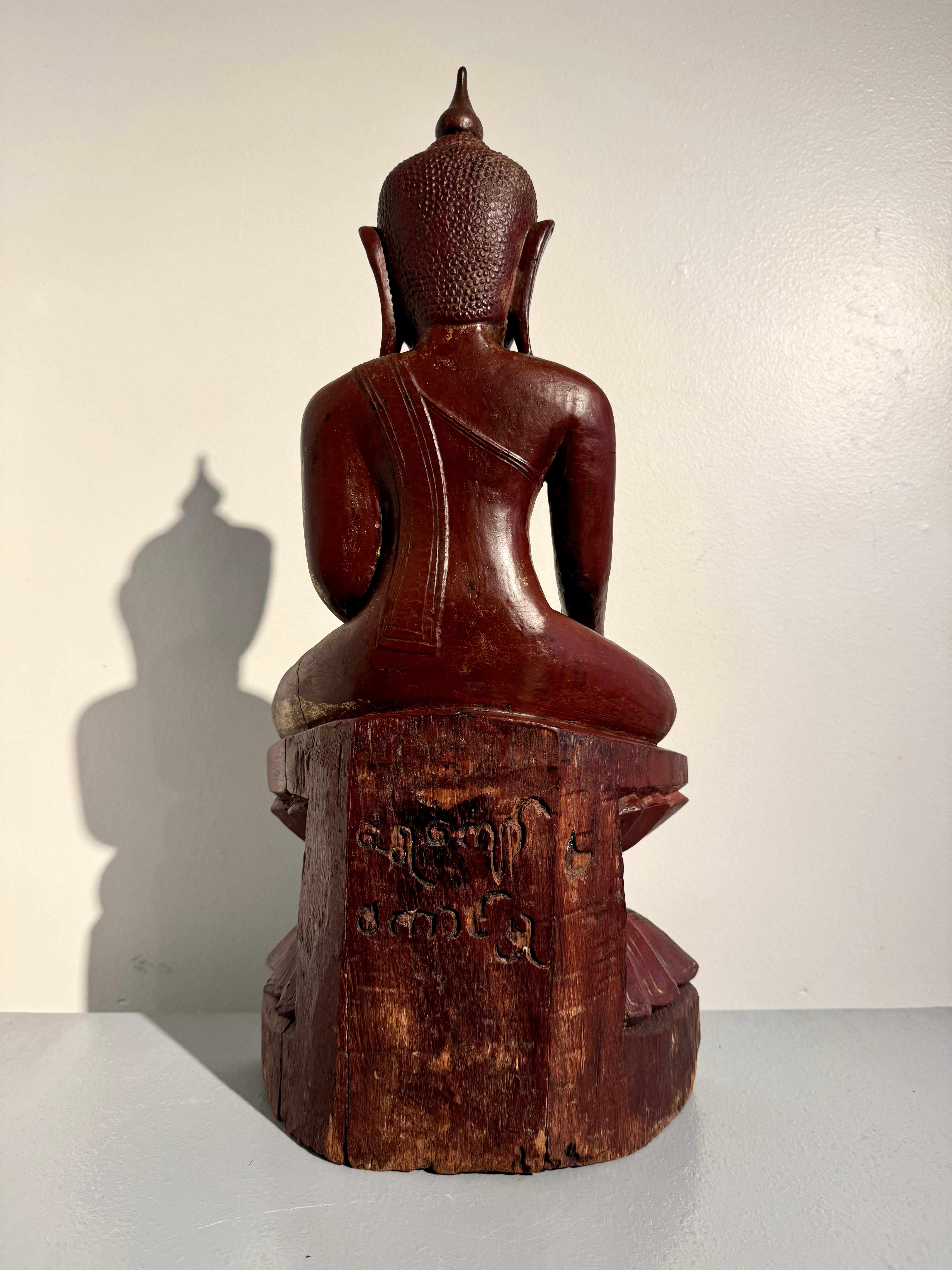 Shan Burmese Carved, Lacquered, Gilt Wood Buddha, 18th Century, Burma In Good Condition For Sale In Austin, TX