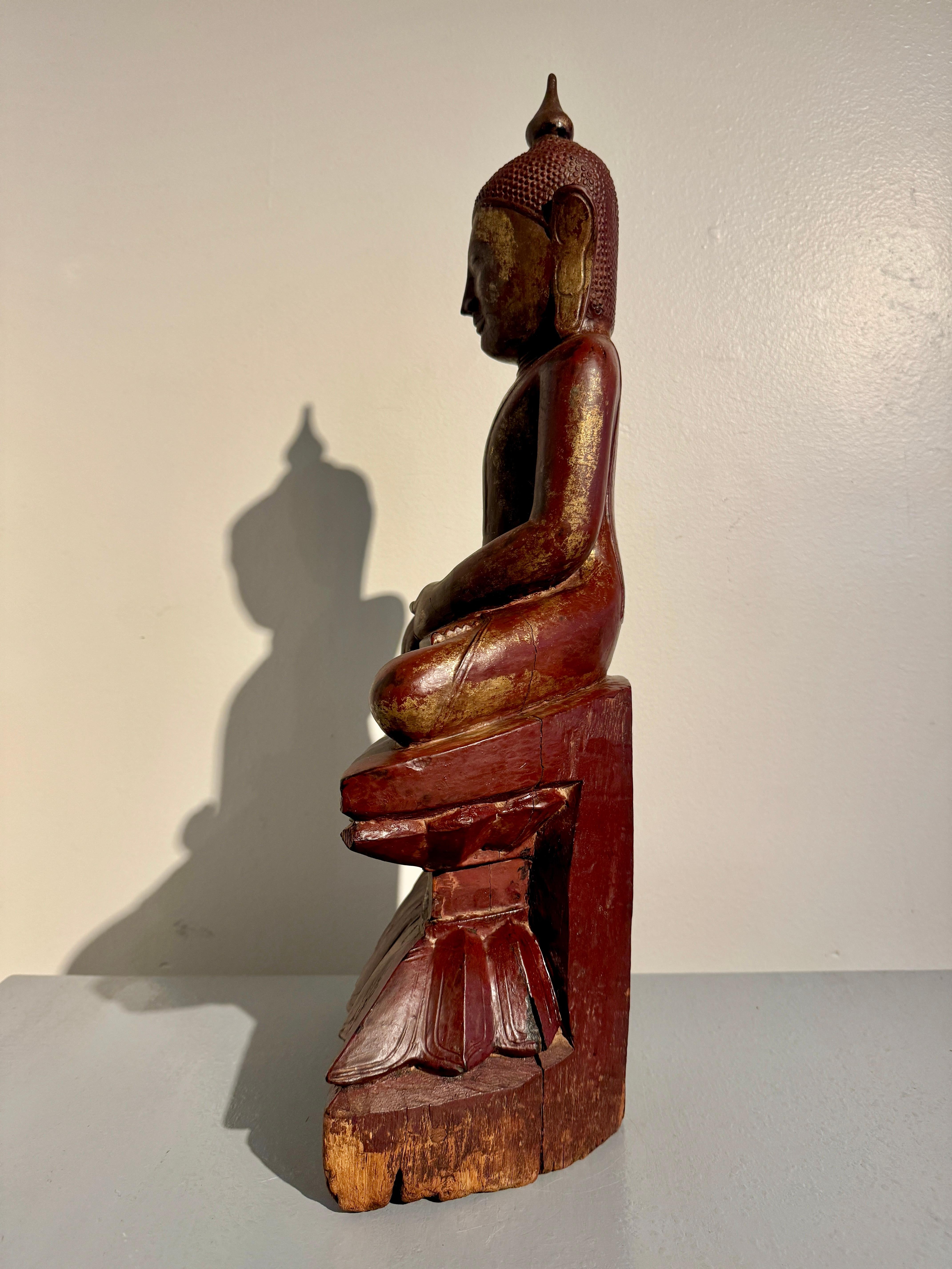 18th Century and Earlier Shan Burmese Carved, Lacquered, Gilt Wood Buddha, 18th Century, Burma For Sale