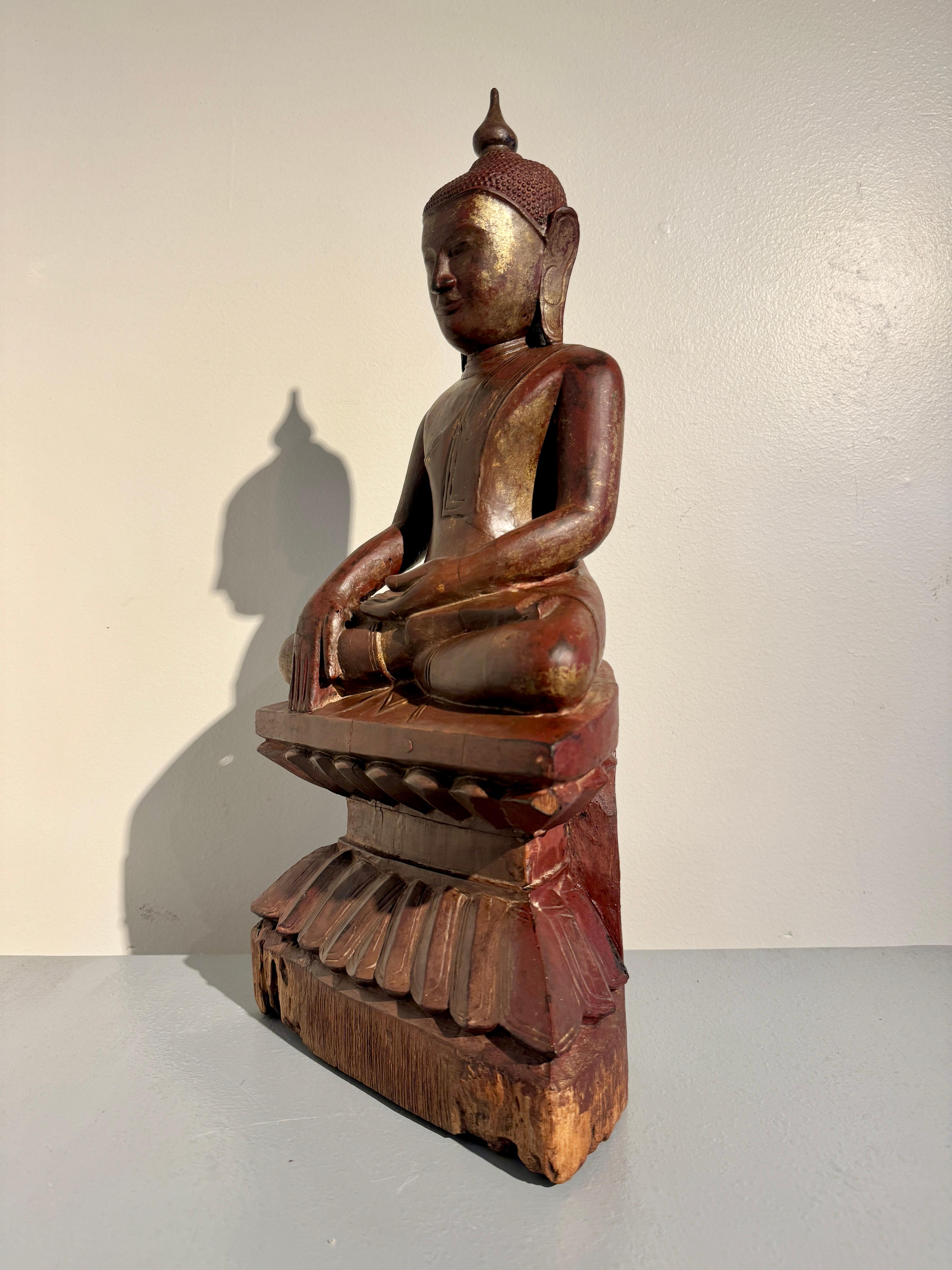Hardwood Shan Burmese Carved, Lacquered, Gilt Wood Buddha, 18th Century, Burma For Sale