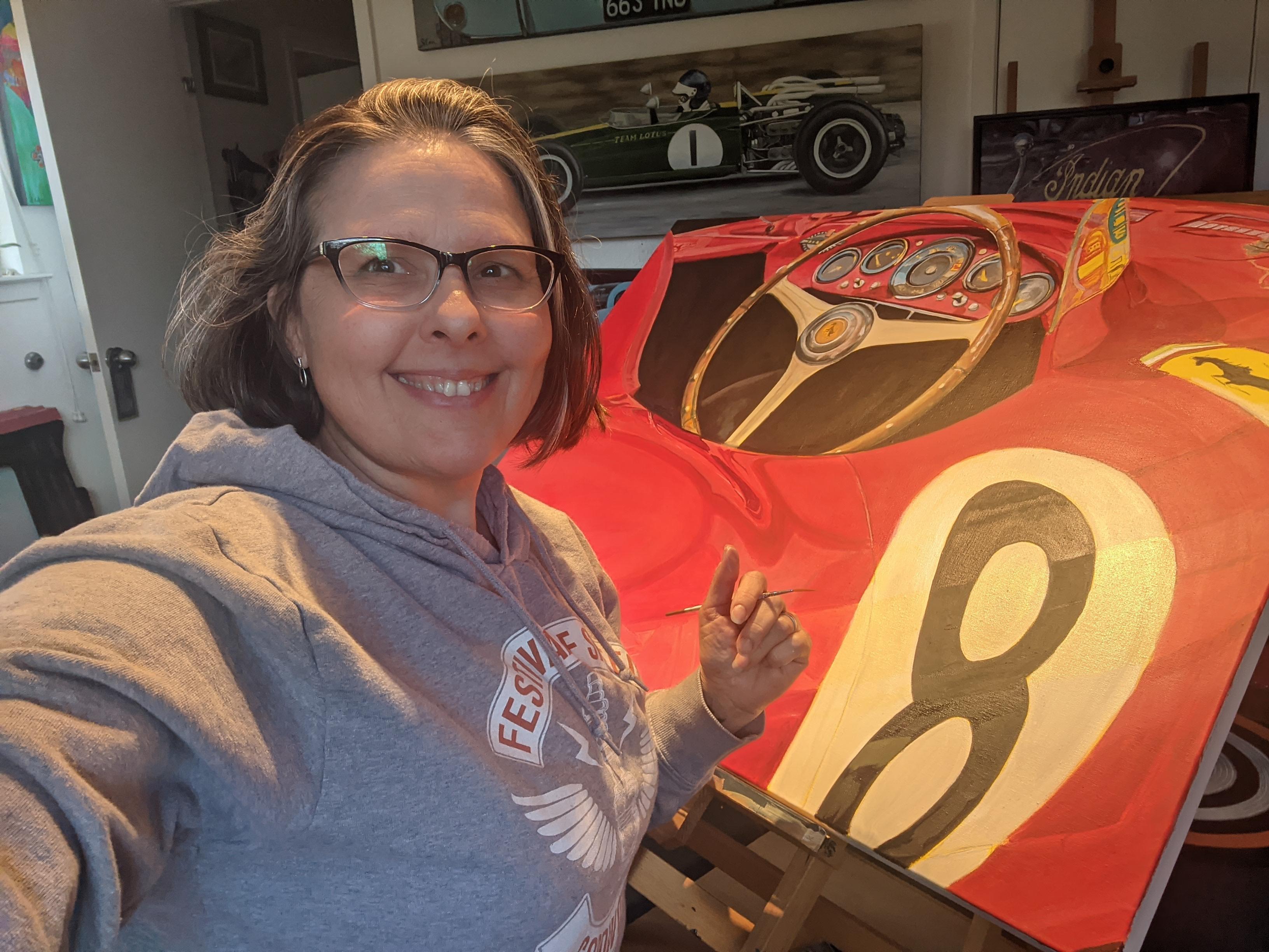 Story about Painting: I admit it, I'm a sucker for Ferraris. On our trip to Italy in 2018, we visited the Ferrari Maranello Museum. In one of the rooms was this gorgeous Monza. As I walked around her, I was instantly drawn to the back quarter of the