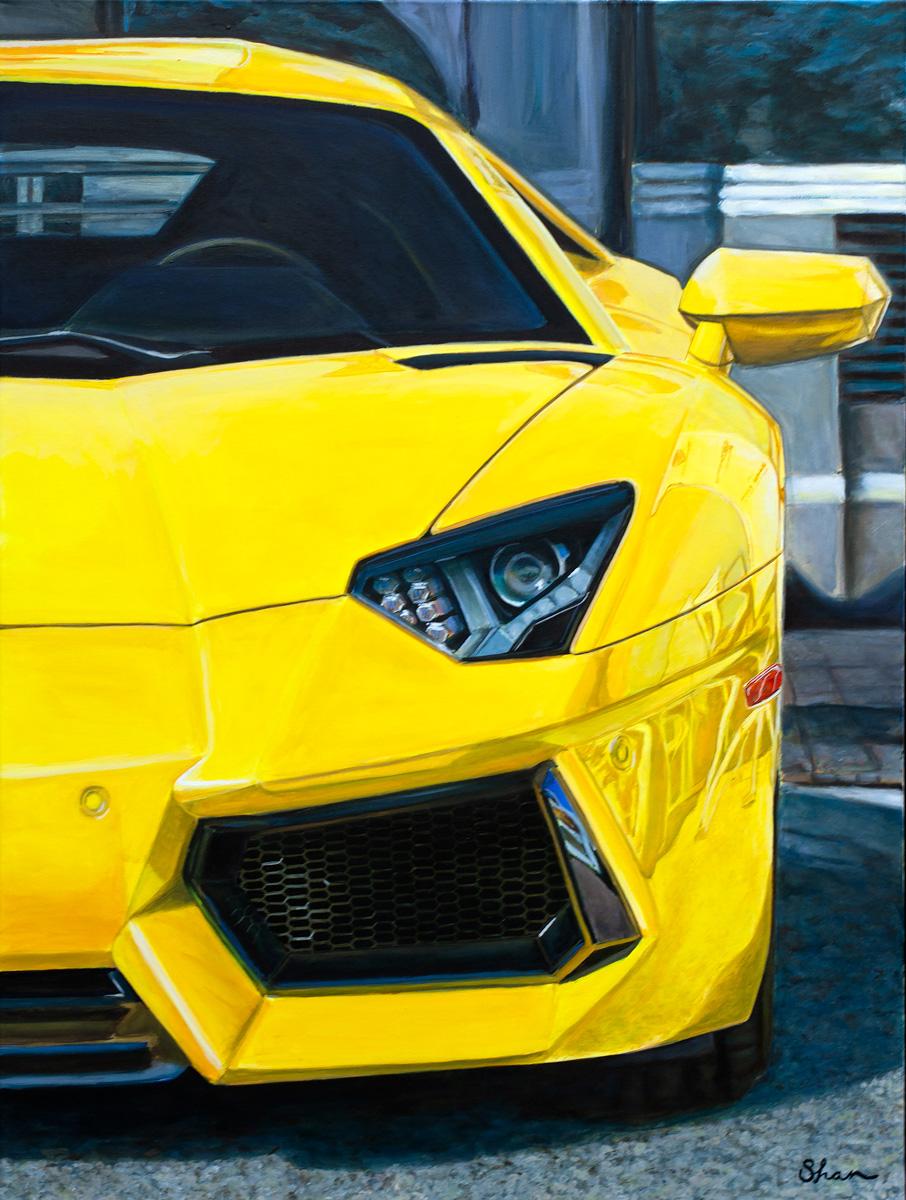 Shan Fannin Still-Life Painting – ""2015 Lamborghini Giallo Evros Aventador", Acrylgemälde